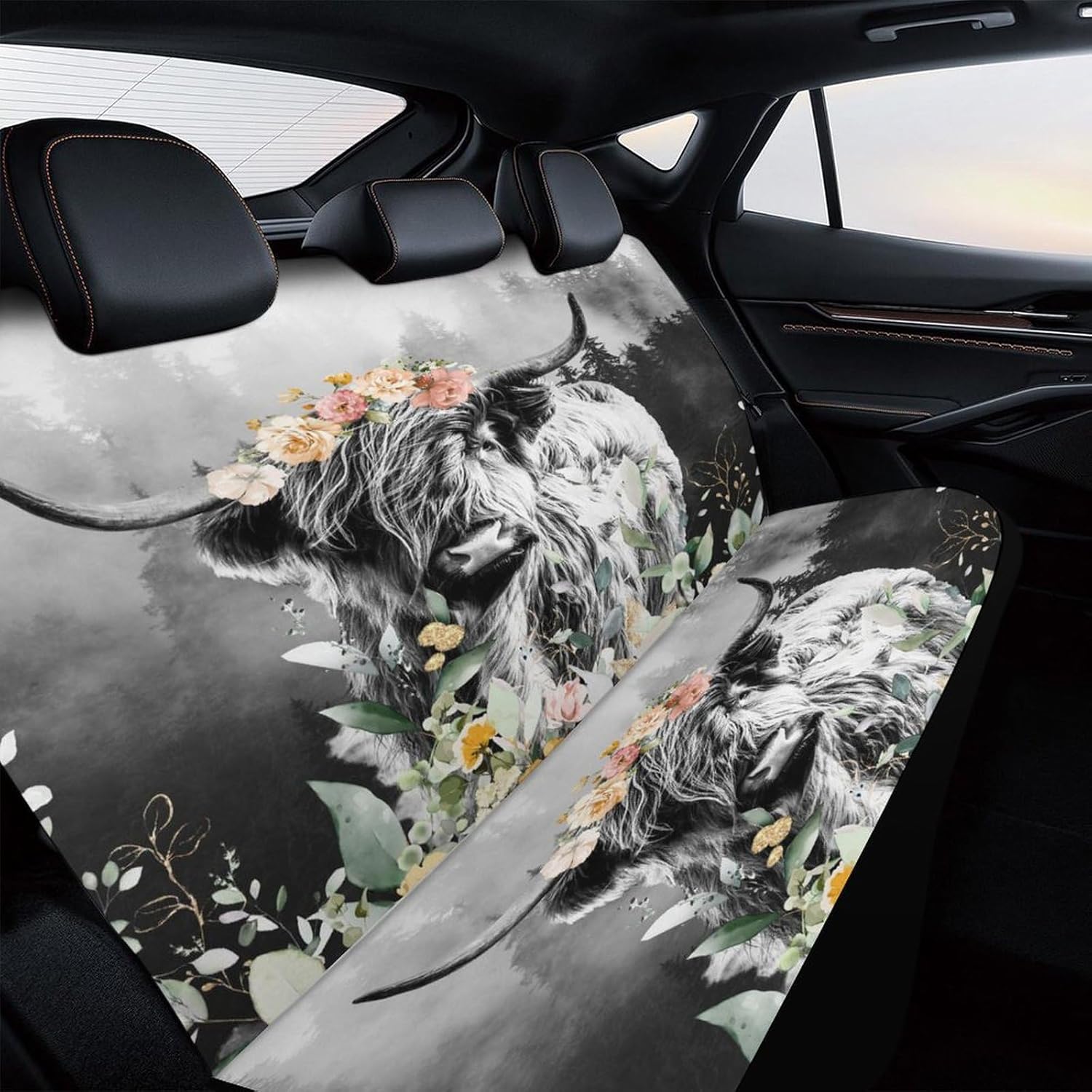 Rustic Highland Cow Car Rear Seat Covers Car Waterproof Interior for Car Trucks SUV Vintage Farmhouse Misty Forest Sunflower Eucalyptus Car Back Seat Covers Universal Car Rear Seat Covers