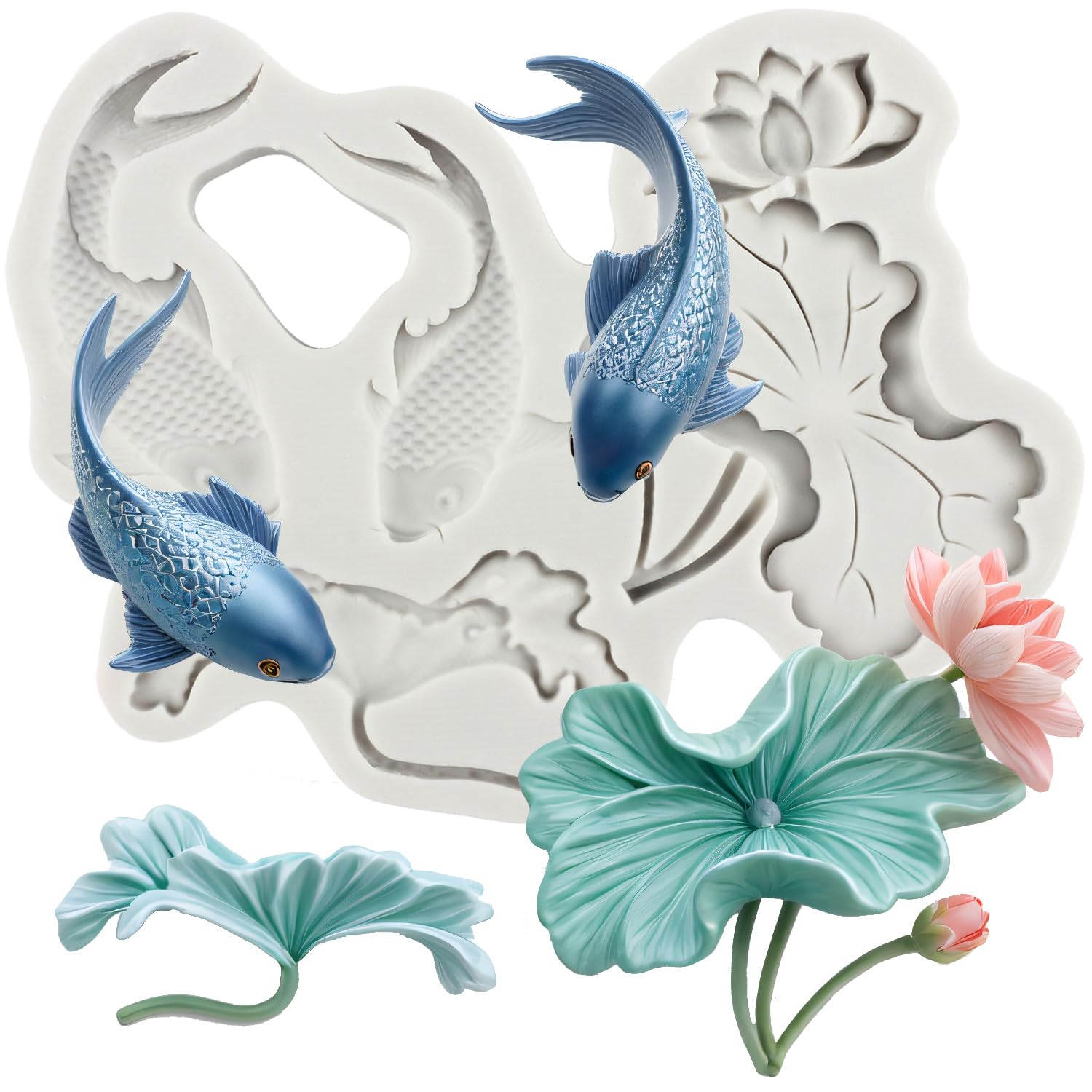 Lotus Flower Silicone Moulds Lotus Leaf Fondant Mould Koi Fish Candy Mould for Sugar Cake Decorating Cupcake Topper Chocolate Gum Paste Polymer Clay