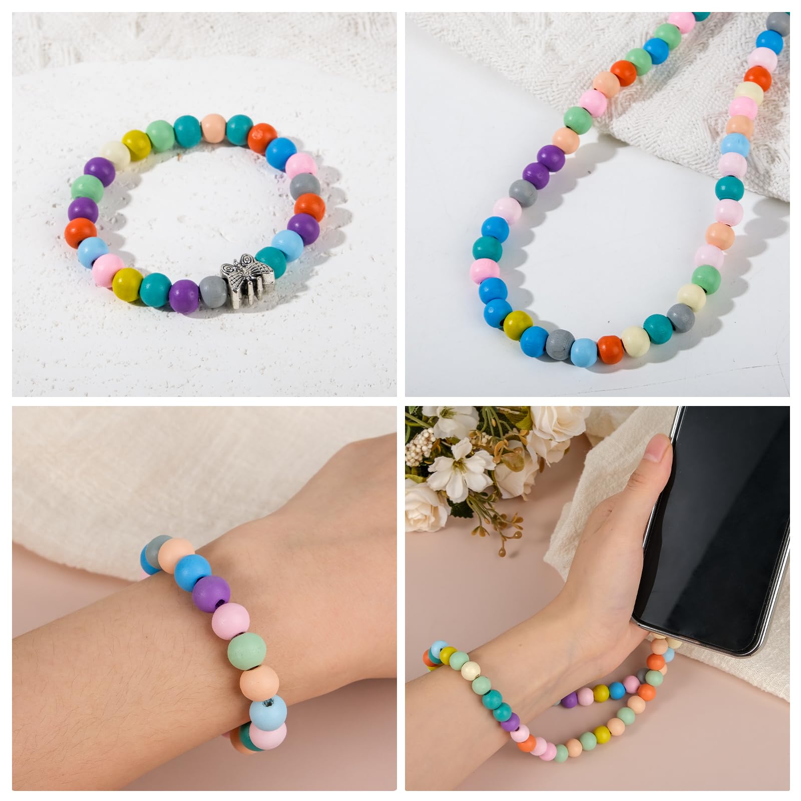 Kinsinder 1750 stuks kleurrijke houten kralen, 6 mm, 8 mm, 10 mm, ronde houten kralen met regenboogdraad, voor het maken van sieraden, armbanden, halskettingen, knutselen en woondecoraties
