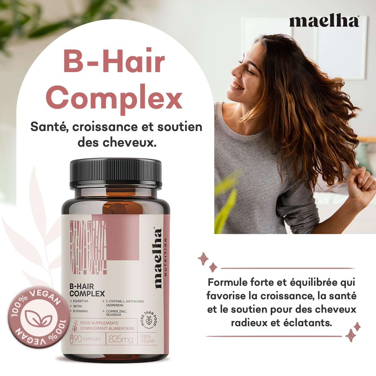 B-Hair Complex | Complément à base de biotine et de vitamine B pour les cheveux | 90 capsules | 100% végétalien