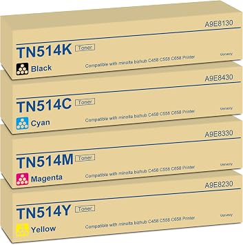 TN514 TN-514 Toner Cartridge 4-Pack Replacement for Konica Minolta TN-514 TN514K TN514C TN514M TN514Y Toner for A9E8130 A9E8230 A9E8330 A9E8430 for Bizhub C458 C558 C658 Printer 4-Pack, BK/C/M/Y