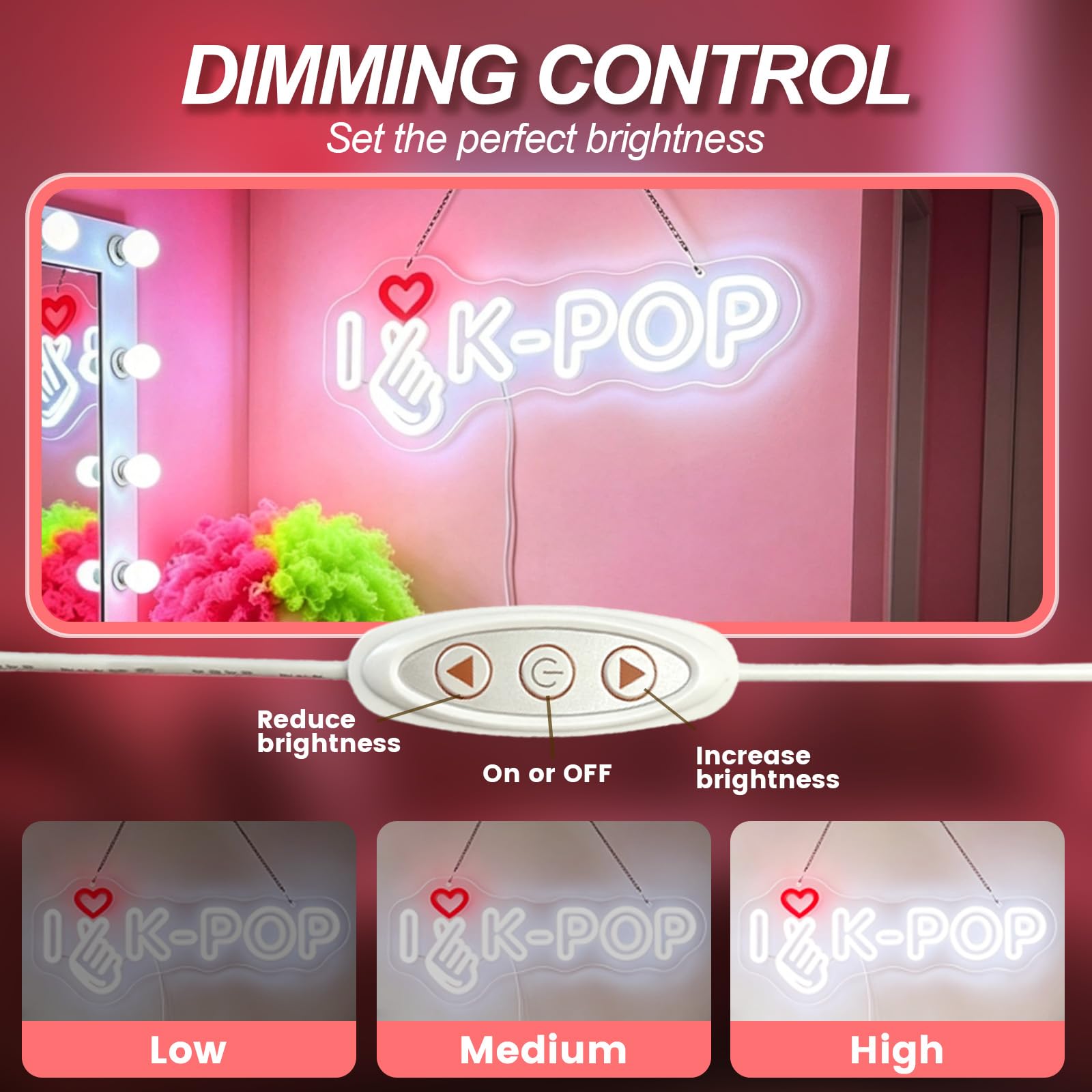I Love Kpop Insegna al neon per decorazione da parete, luce notturna a LED dimmerabile, alimentata tramite USB, a tema Kpop, per camera da letto, sala giochi, feste, regali per fan ragazze