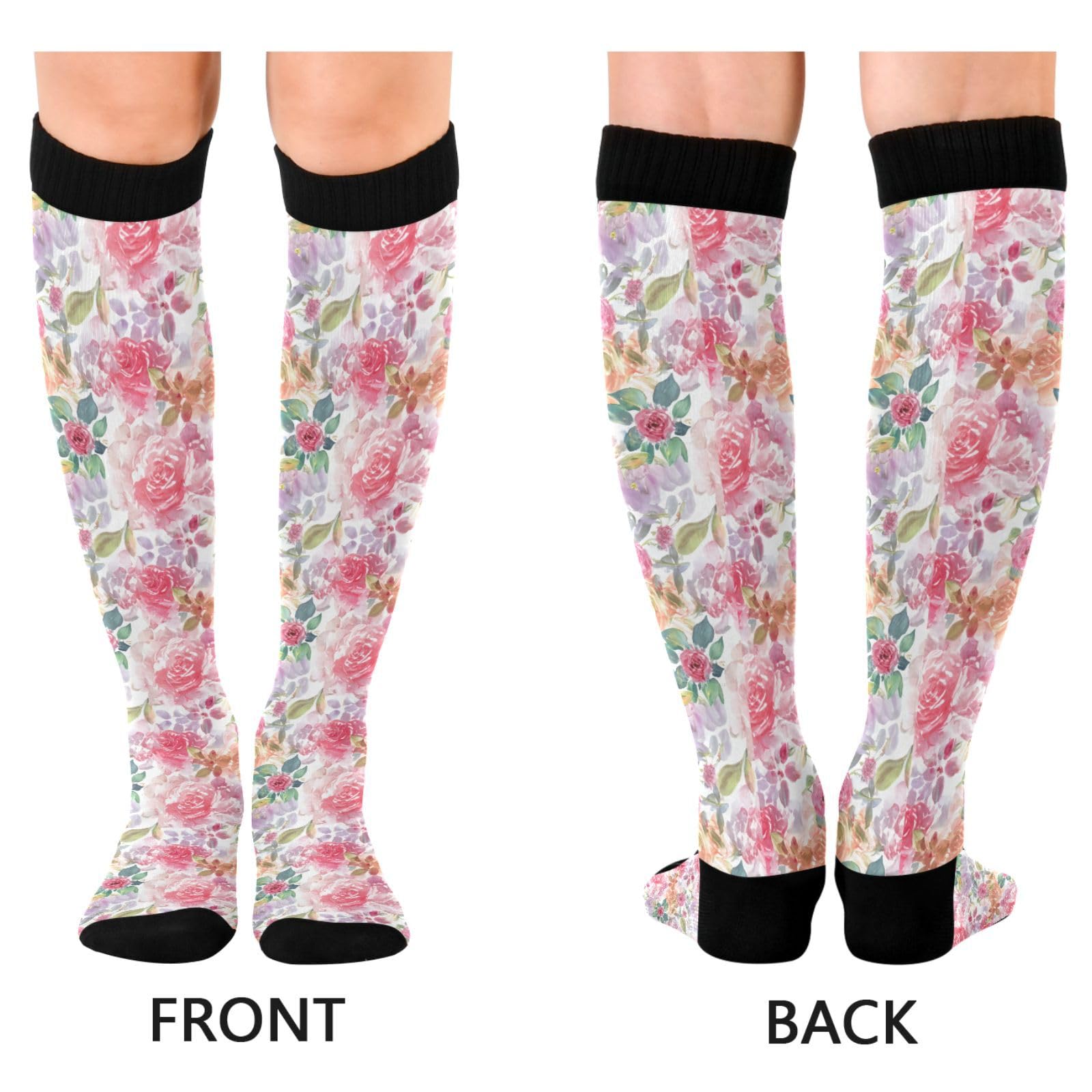 Wassud Watercolor Floral Compression Socks for Women and Men 20-30 mmHg Knee High Socks for Nurses Travel Socks 2 Pair