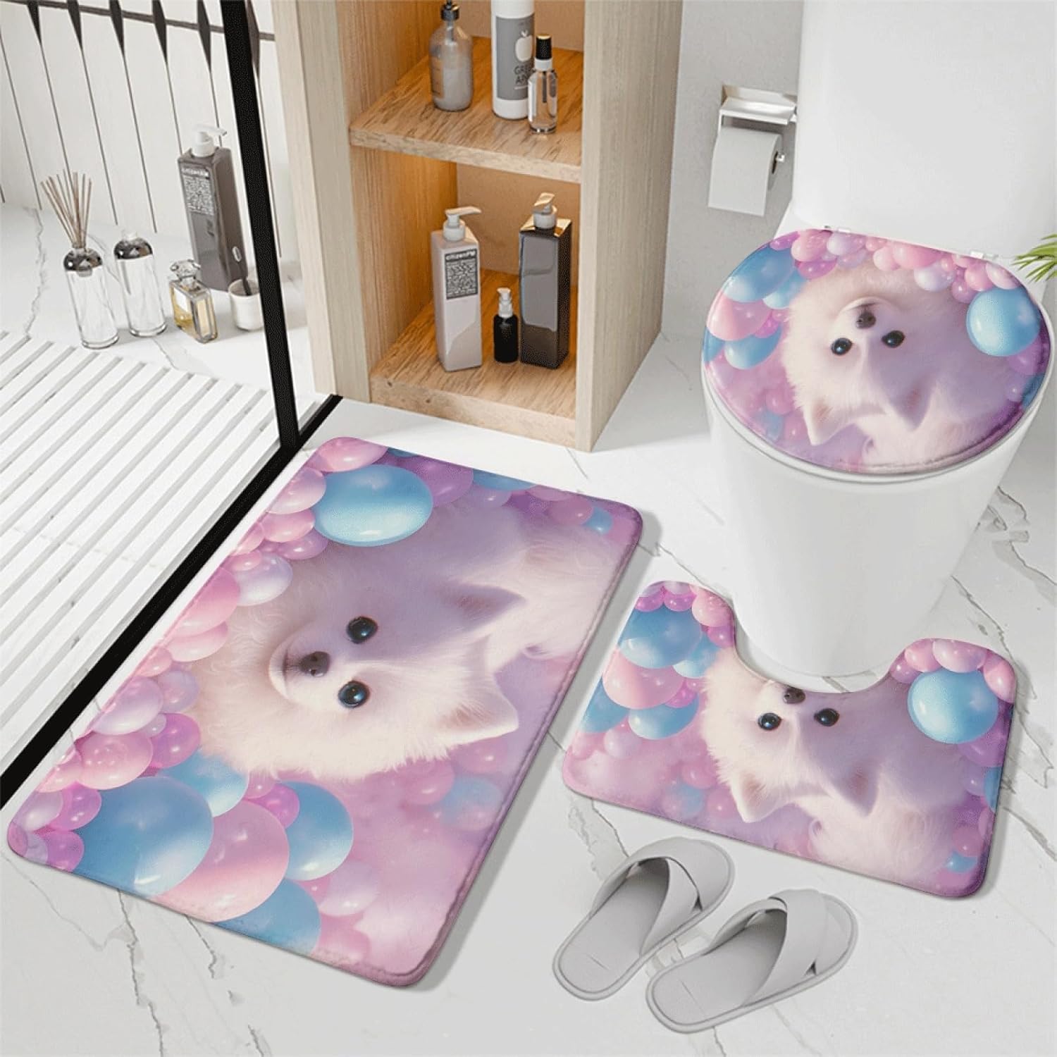 Set di tappetini da Bagno 3 Pezzi Rosa Palline Blu Antiscivolo per Bagno Tappeto Lavabile in Memory Foam Tappeto copriwater tappetini a Forma di U 50x80 cm