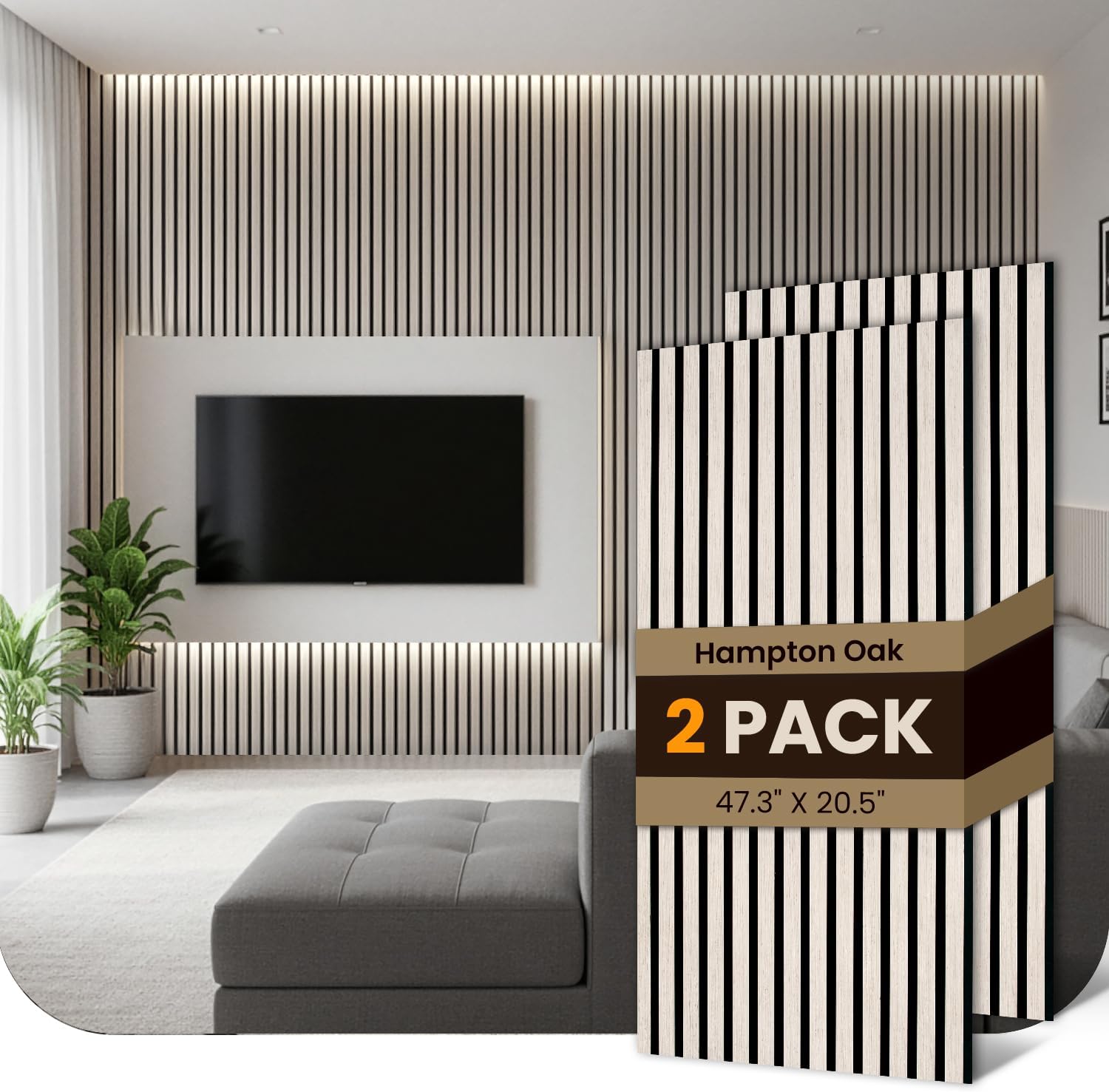 2 Pack Wood Slat Acoustic Panels - 47.25" x 20.5" - 3D Fluted Sound Absorbing Wall Panels with Wood Finish - Noise Reduction & Modern Design Hampton Oak