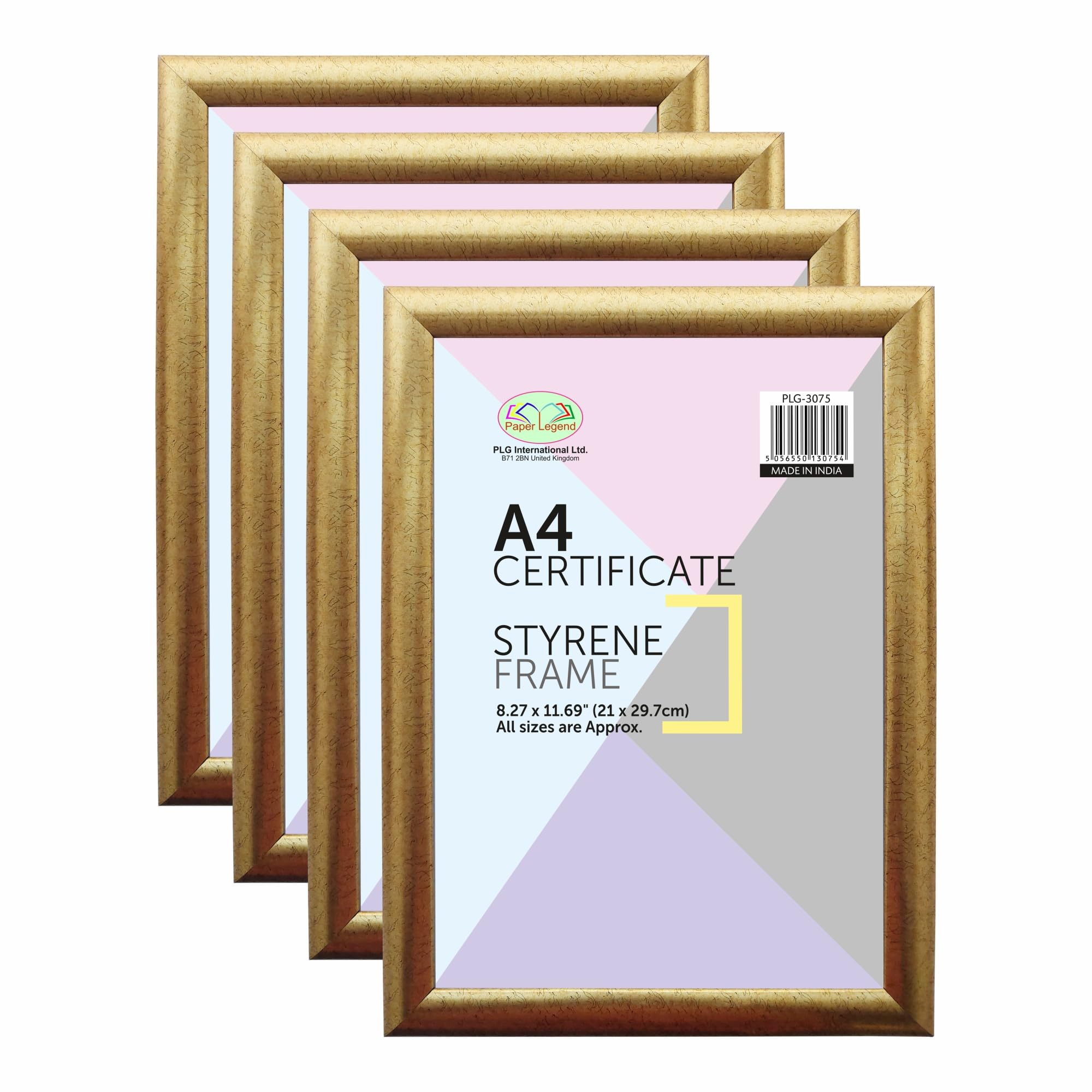 Pack of 4 - A4 Gold Photo Frame with Clear Styrene Front Panel Wooden Effect Picture Frame Certificate Frame 21cm X 29.7cm Hang on the Wall and Freestanding Ideal for Home Office Wall Decor (Gold)