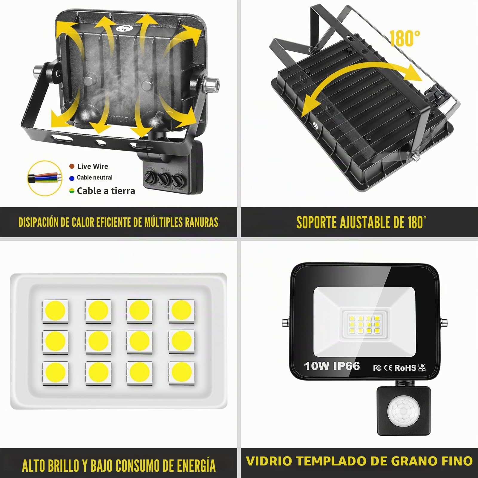 RIGIDON 2x 10W 1000lm focos led exterior con sensor movimiento PIR, 6000K | sin enchufe, blanco frío, foco proyector, IP66 impermeable, seguridad, floodlight, para patio jardín garaje caminos entrada