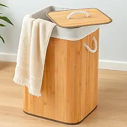 Cesto de Roupa Suja em Bambu com Tampa, Alças de Corda, Forro Removível e aro de aço para fixação – Ideal para Lavanderia, Área de serviço, Banheiro e Quarto, Premium