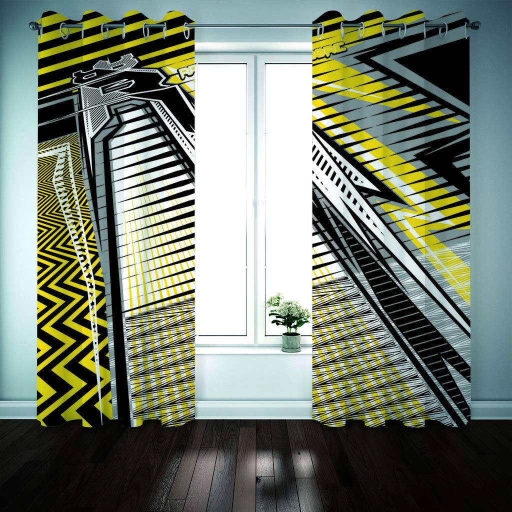 Cortinas Opacas Termicas Aislantes Frio Y Calor 280X260Cm（An X Al）Con Ojales 3D Edificio Geométrico Negro Y Amarillo Patrón Decoración Ventanas Para Habitacion Dormotorio Salon Modernas 2 Piezas