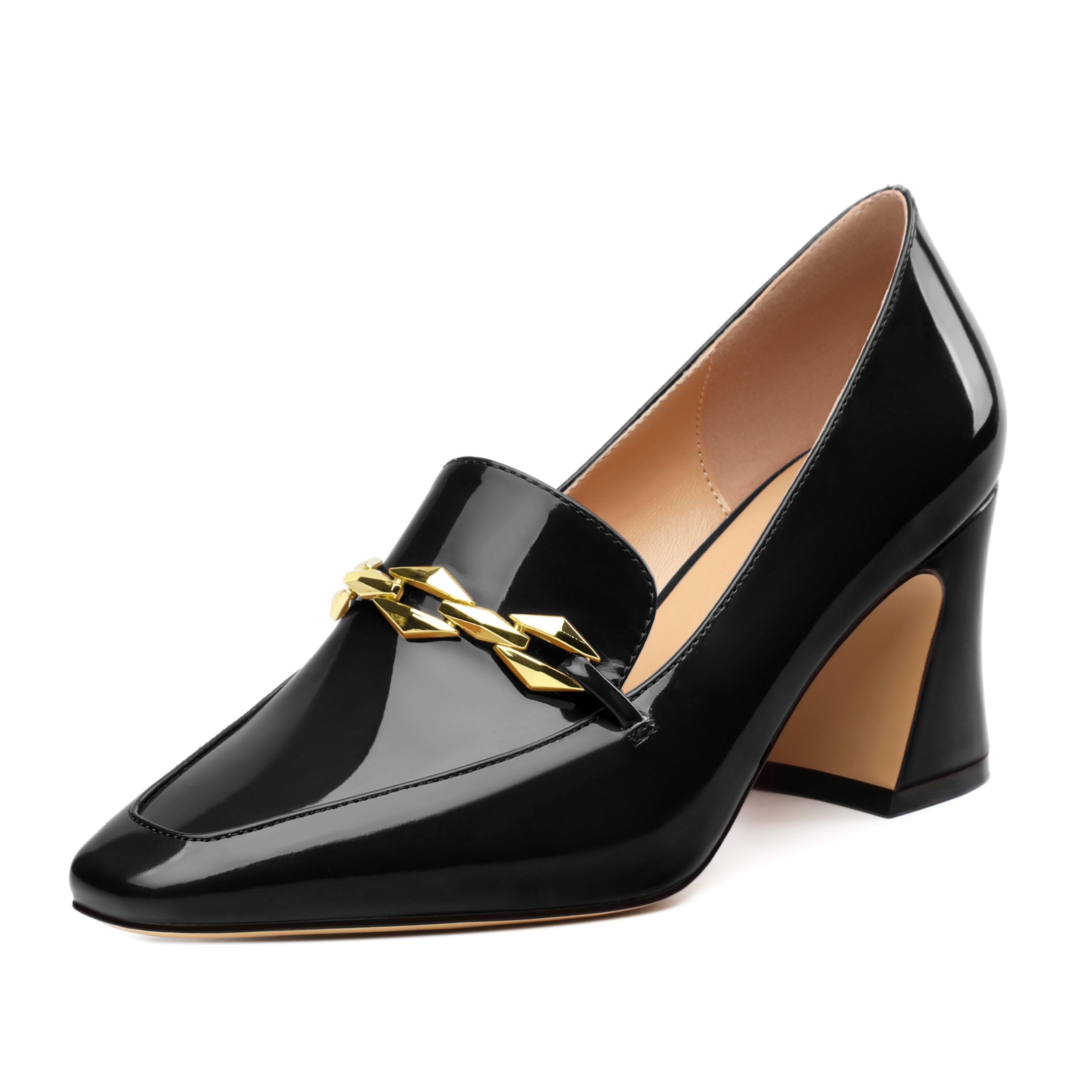 Womens Chunky Block High Heel, Square Toe Closed Pumps Slip-on Loafers Shoes Dress Party Office Basic Classic Shoes 2.5IN