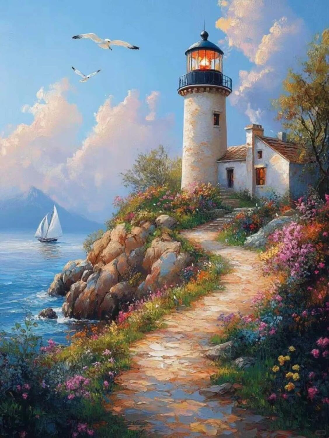 Rqwybcaxn Stamped Beaded Cross Stitch Kits Seaside Lighthouse 40x50cm