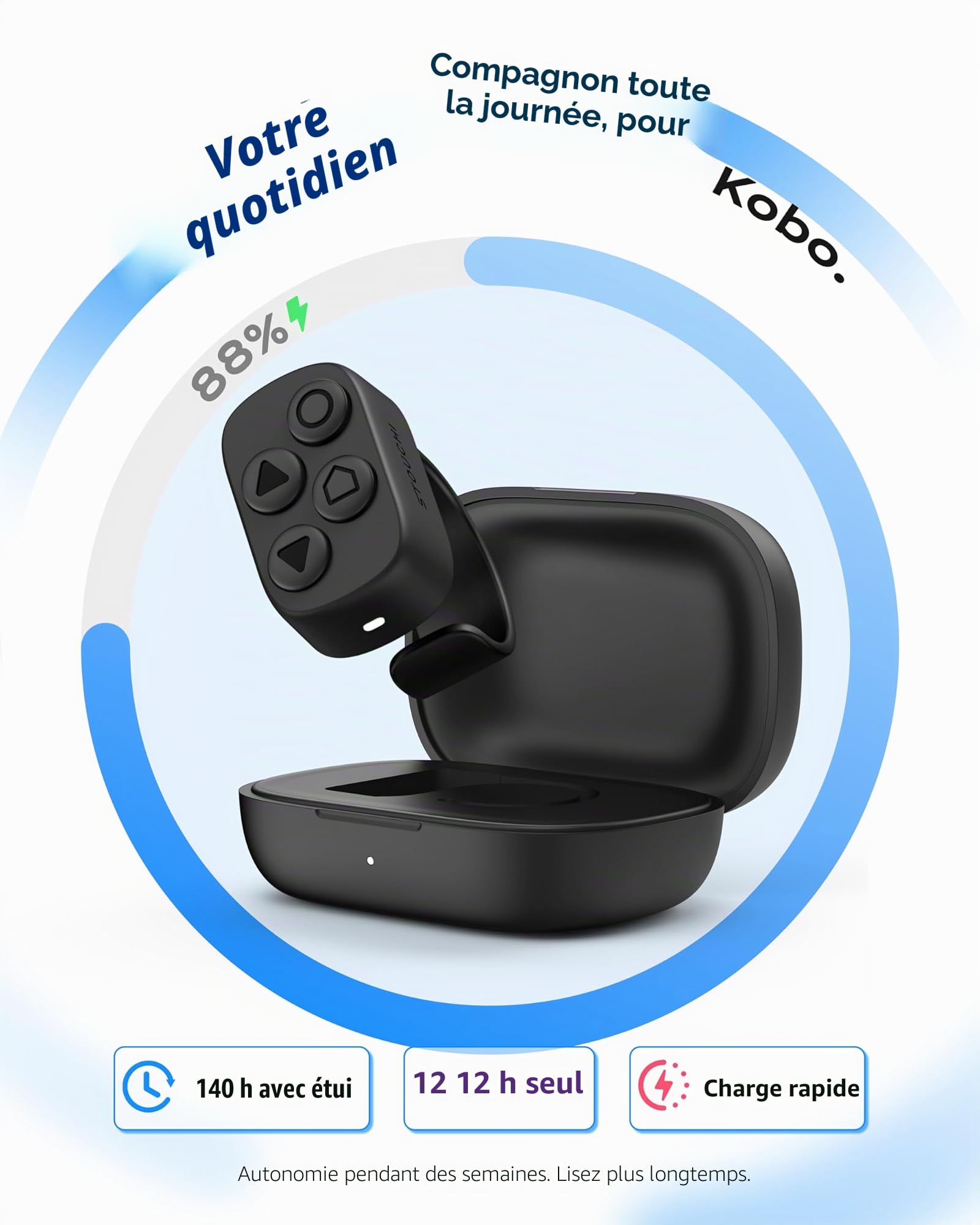 Télécommande Stouchi pour Kobo, Tourne-Page sans Pince avec Boîtier de Charge, Mains Libres Compatible Clara BW/Libra Colour/Clara Colour/Elipsa 2E/Clara 2E/Libra 2/Sage - Noir