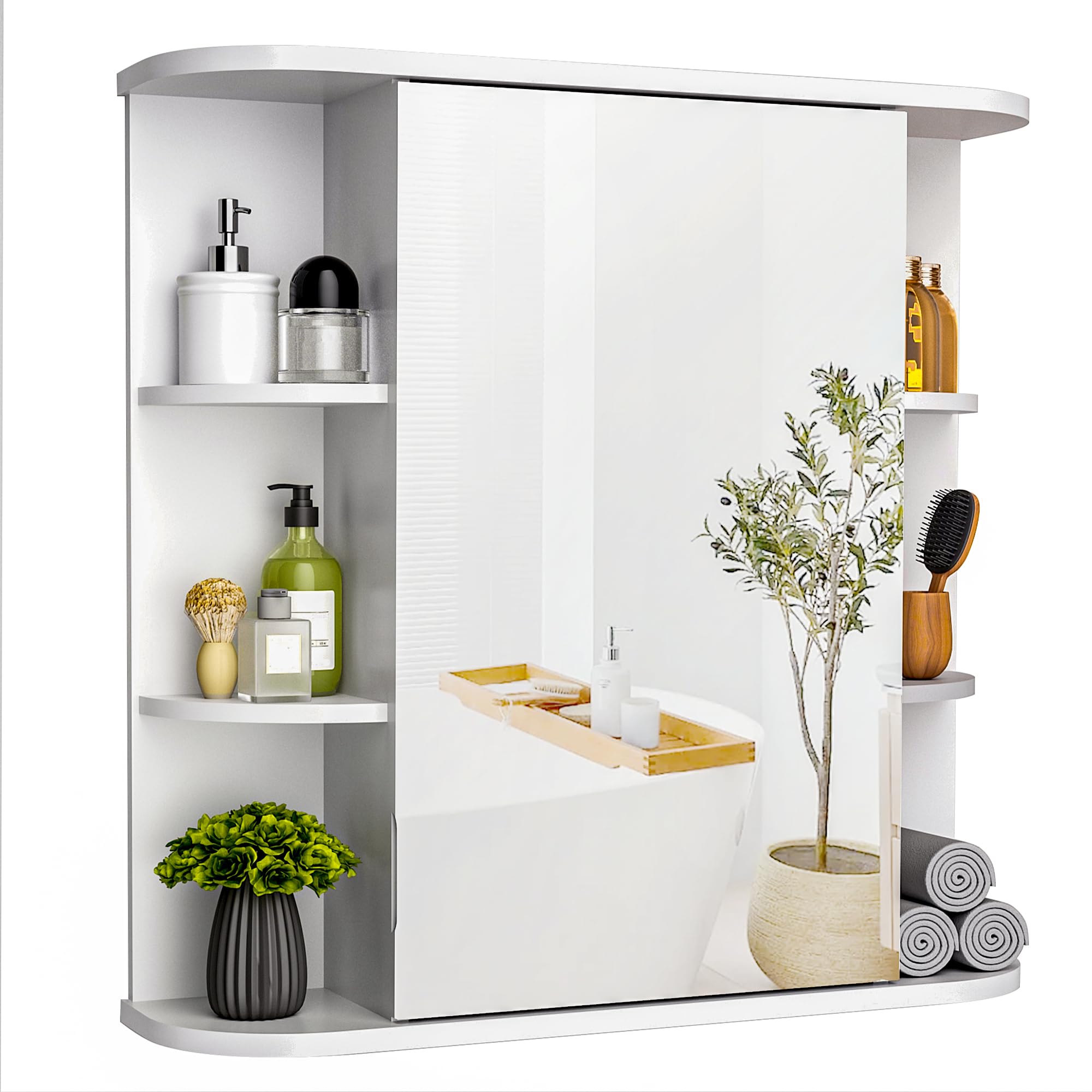 Pamapic Mobile Bagno con Specchio, Mobiletto Pensile Bagno,Scomparto Aperto, Mobiletto da Muro, Ripiani Regolabili, Soggiorno, Camera da Letto, 67,5 x 60 cm, Bianco