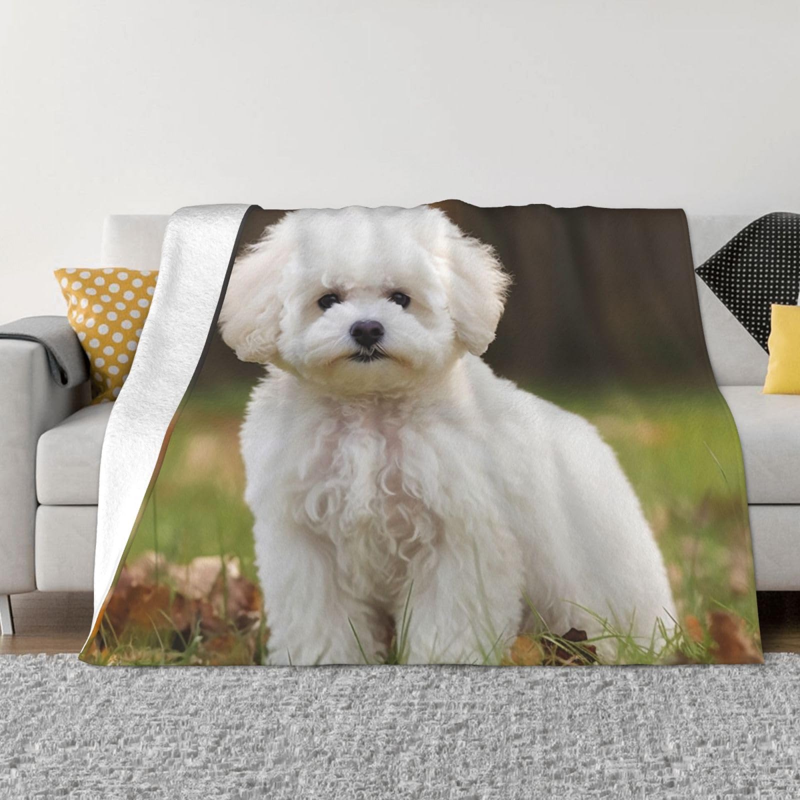 HUGS IDEA Bichon Frisé Überwurfdecke – Weiche Kunstfell-Decke Mit Hunde-Muster, XL