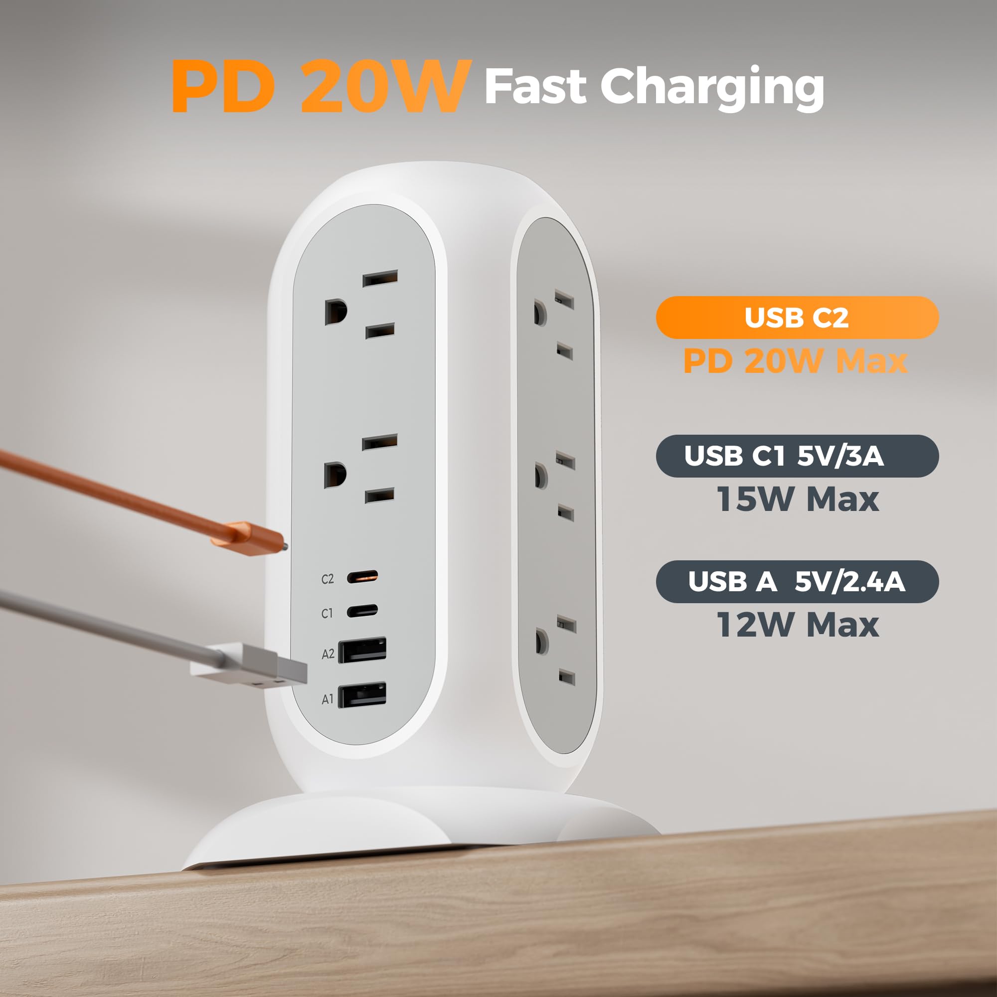 TESSAN Tower Power Strip Flat Plug with 1050J Surge Protection, 6 Ft, Grey — Amazon image 5