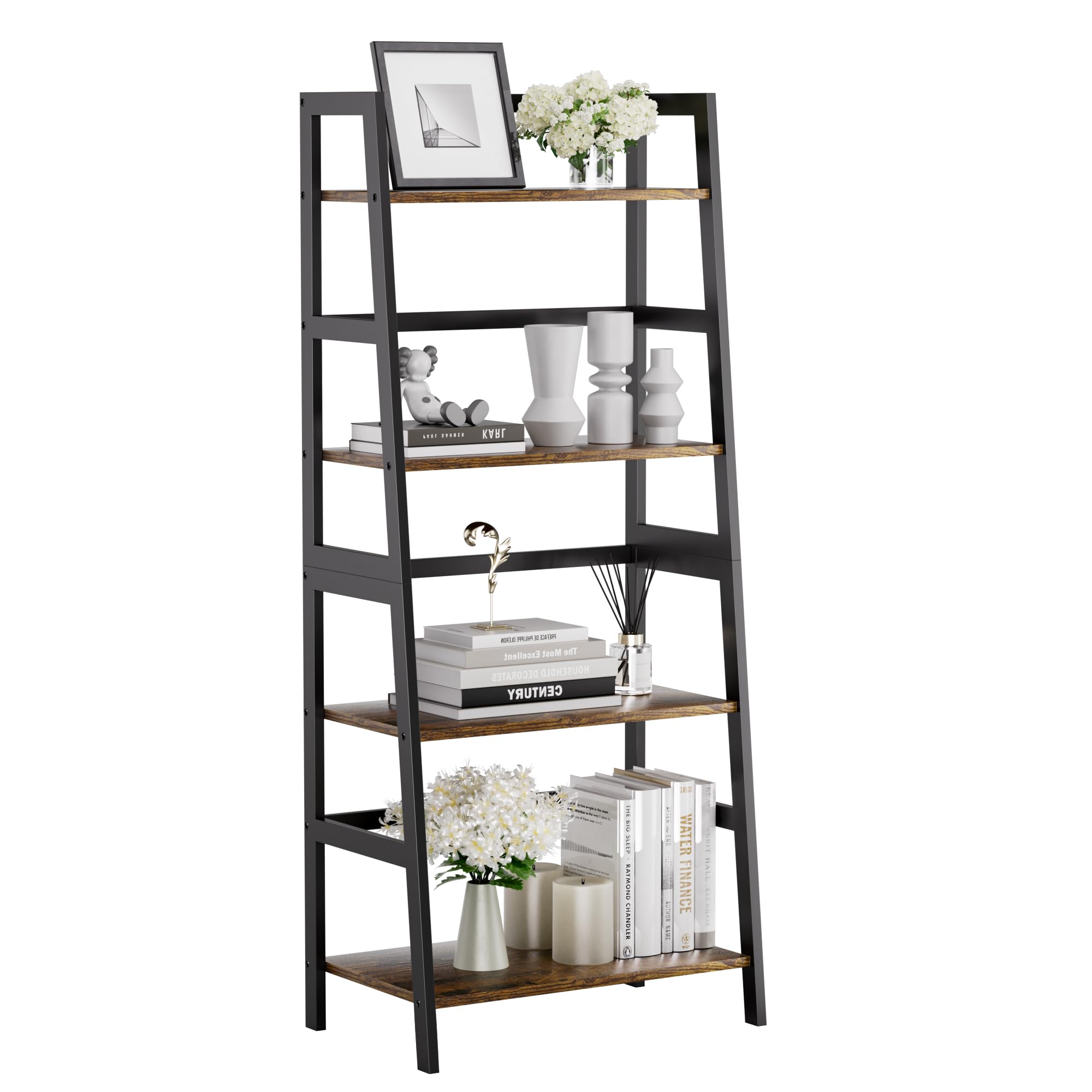 HITNET Ladder Shelf, 4 Tier Bookshelf, Freestanding Bathroom Storage Shelving Unit with Bamboo Frame for Living Room, Home Office, Bedroom, Rustic Brown and Black โ image 1
