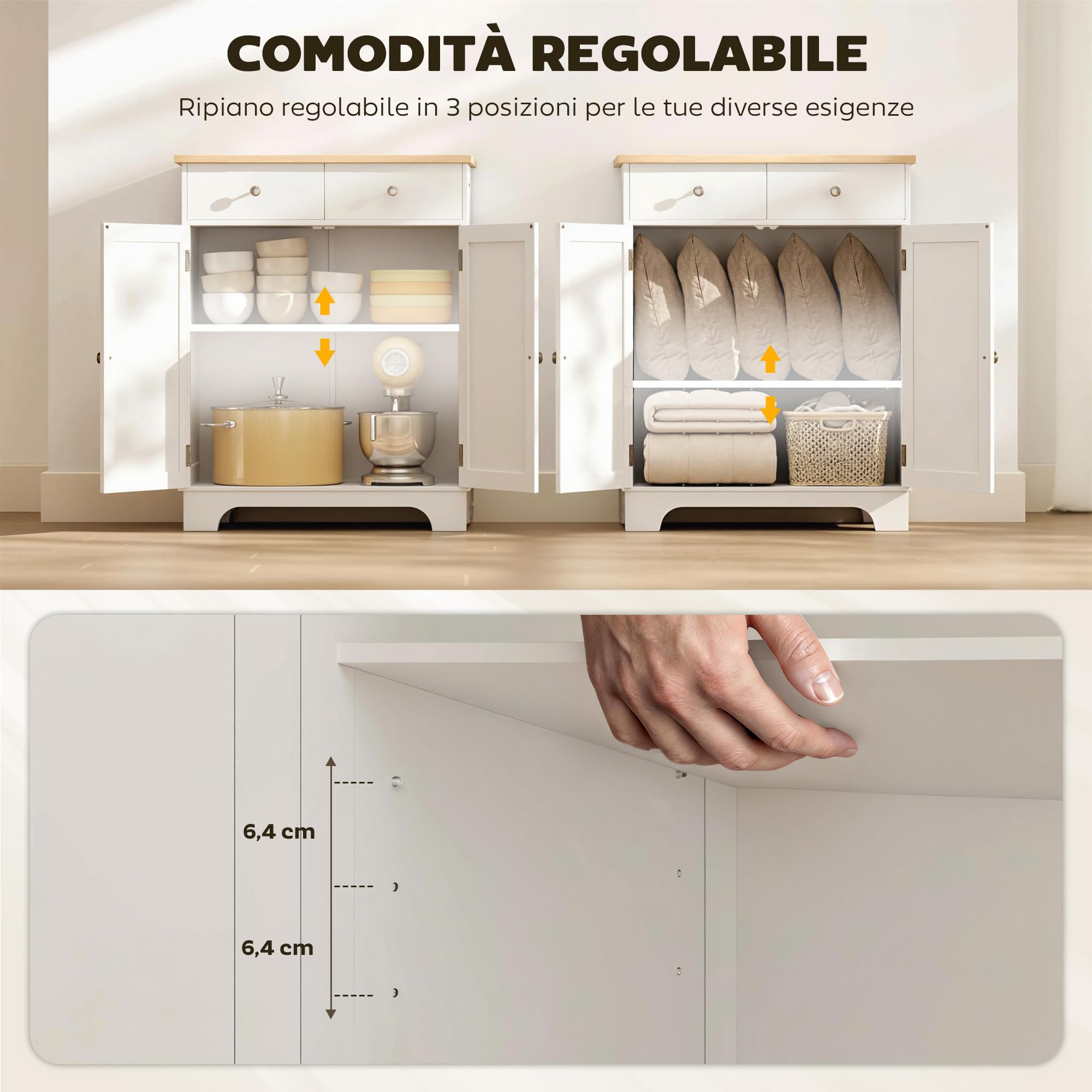 HOMCOM Credenza Soggiorno con 2 Cassetti e Armadietto con Ripiano Regolabile, Madia Soggiorno con Piano di Lavoro in Legno di Caucciù, per Ingresso, Cucina e Sala da Pranzo, Bianco