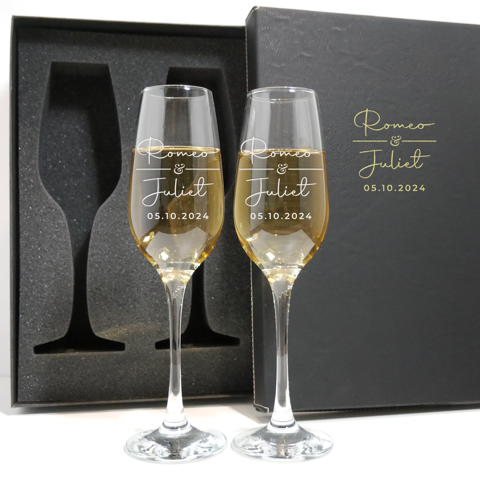 Personalized Champagne Flutes - Set of 2 - Custom Wedding Glasses - Bride & Groom Wedding Gifts for Mr & Mrs - Engagement, Bridal Shower, Anniversary, Gift for Couple - Valentines Day Gift - 6 Designs