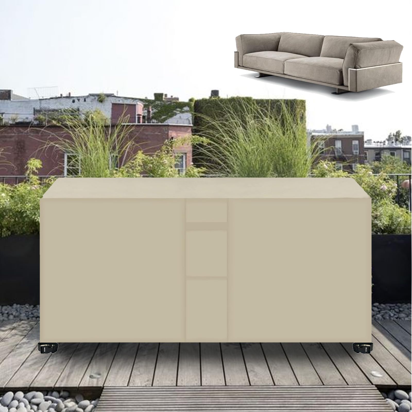 Copertura impermeabile in tessuto Oxford 420D per mobili da esterno per divano in rattan, copertura resistente per patio con design antistrappo, presa d'aria e colore beige, 126 x 126 x 74 cm