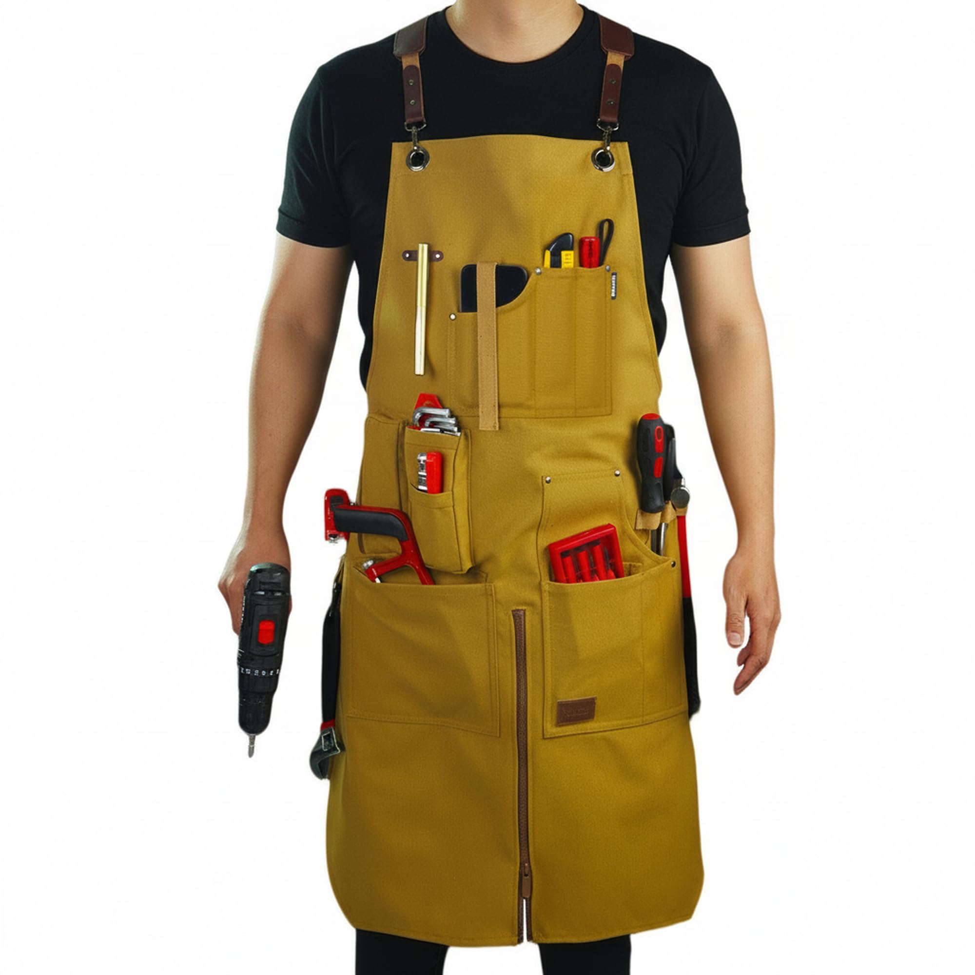 Stenffy Woodworking Apron, Tool Apron, Canvas, Multiple Pockets, Adjustable Zipper, Metal Ring, Tape Measure Clip, Plus Size, Khaki.