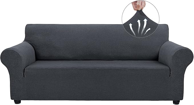 Asnomy Couch Covers for 3 Cushion Couch Stretch Sofa Covers Slipcovers, Pet Protector Furniture Covers for Dogs Cats Spandex Jacquard Fabric Small Checks （Large，Charcoal Ash）