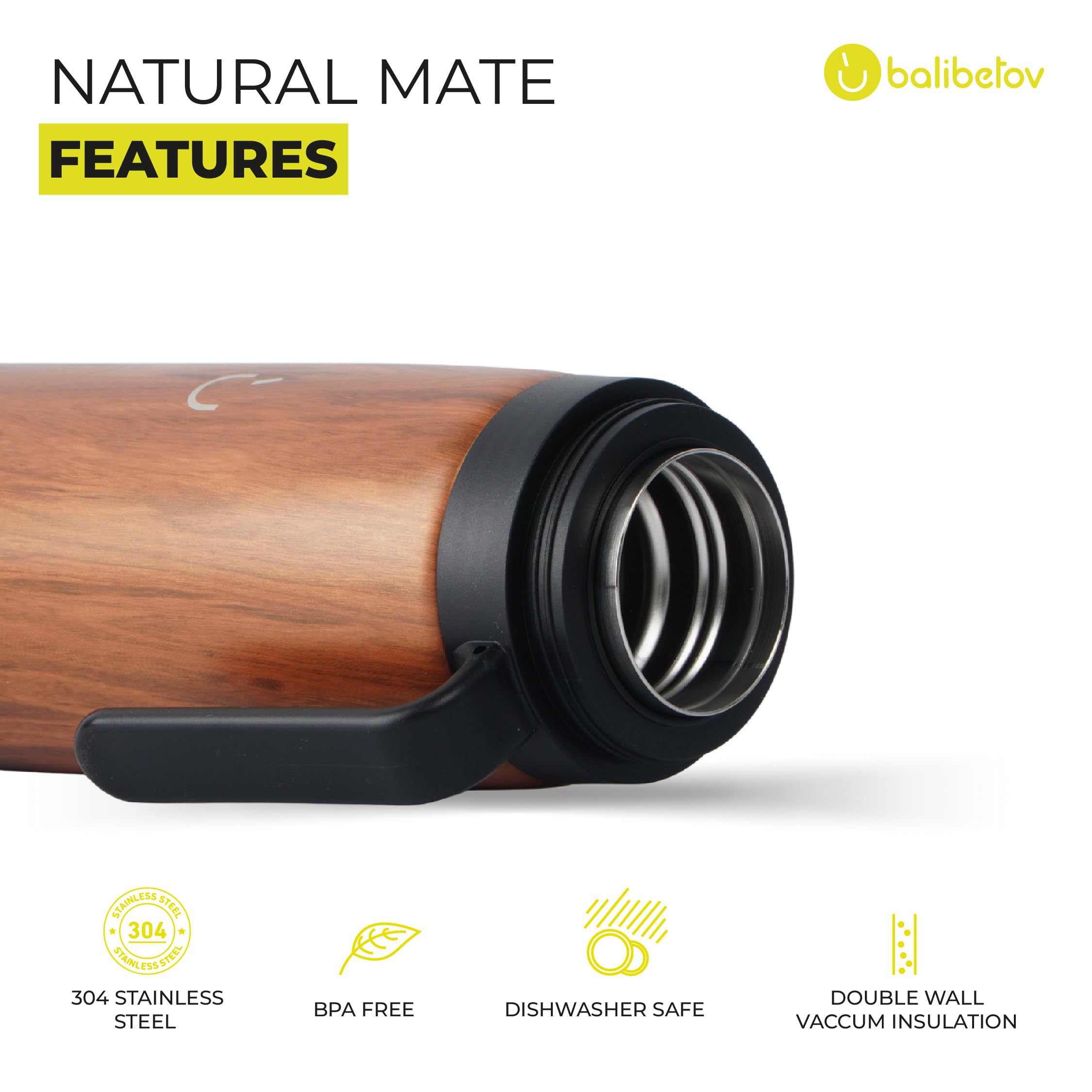 BALIBETOV Yerba Mate Tasse Set - Modern Yerba Mate Tasse, Thermos, Yerba Mate Conteneur (Yerbero), Bombilla (Mate Paille) et brosse de nettoyage - Acier inoxydable 304 18/8 (Bois)