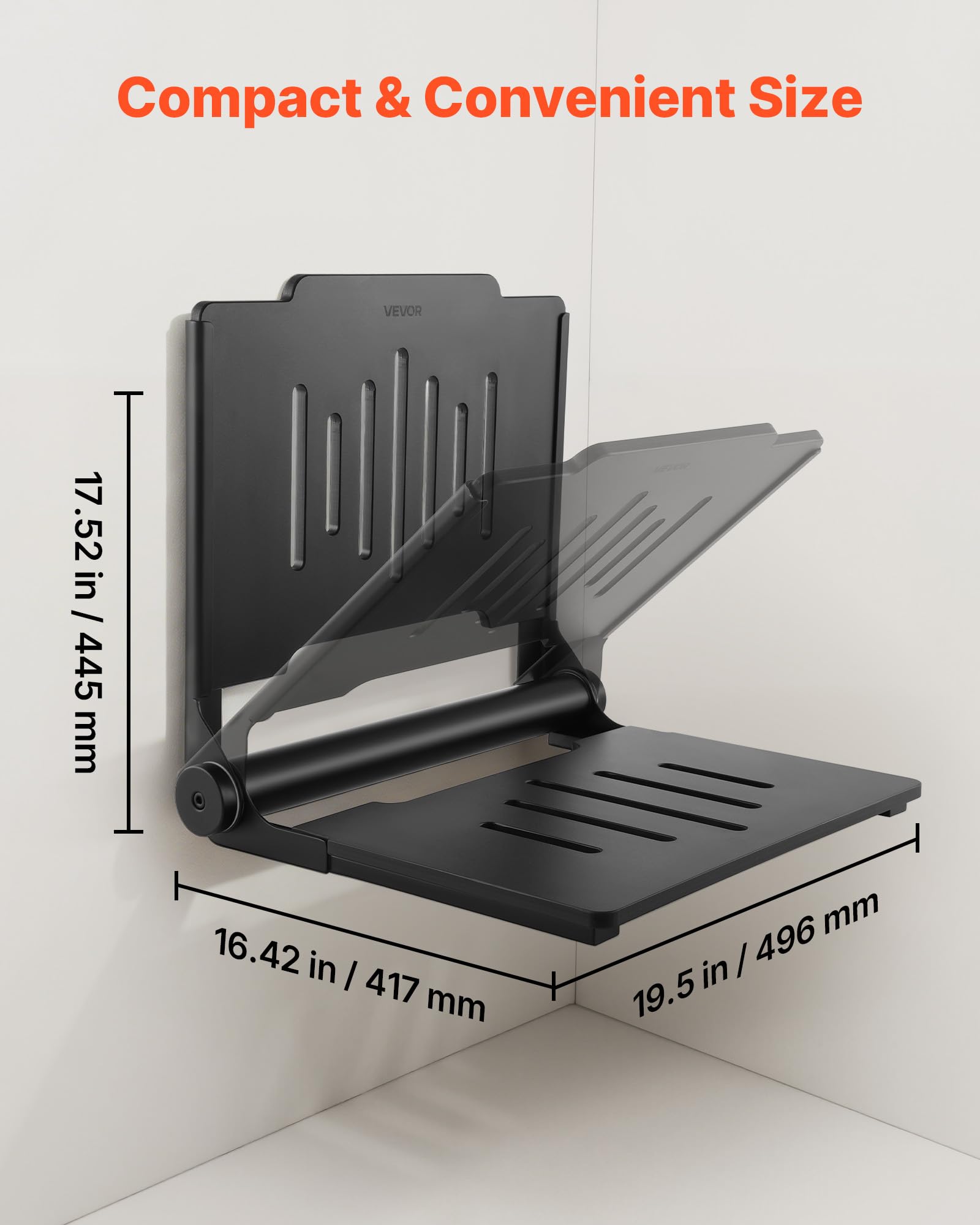 VEVOR Asiento de Ducha Abatible Montaje en Pared, Silla de Ducha Plegable con Respaldo de Apoyo, Marco de Acero Inoxidable, Banco de Baño Capacidad de Carga de 180 kg, para Adultos, Mayores, Negro