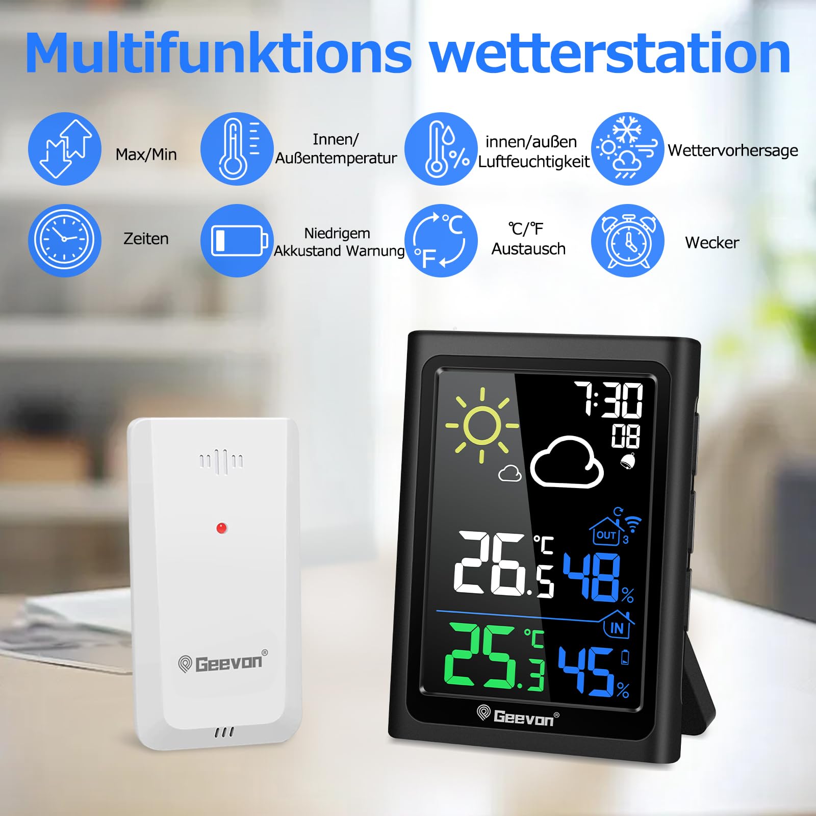 Geevon Stazione meteo radio con sensore esterno, stazione meteo interna ed esterna radio con previsioni meteo termometro digitale (246278 senza DCF con batterie)