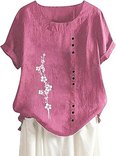 Camiseta de manga corta para mujer con cuello alto con estampado retro, camiseta amarilla, Rosa intenso., M