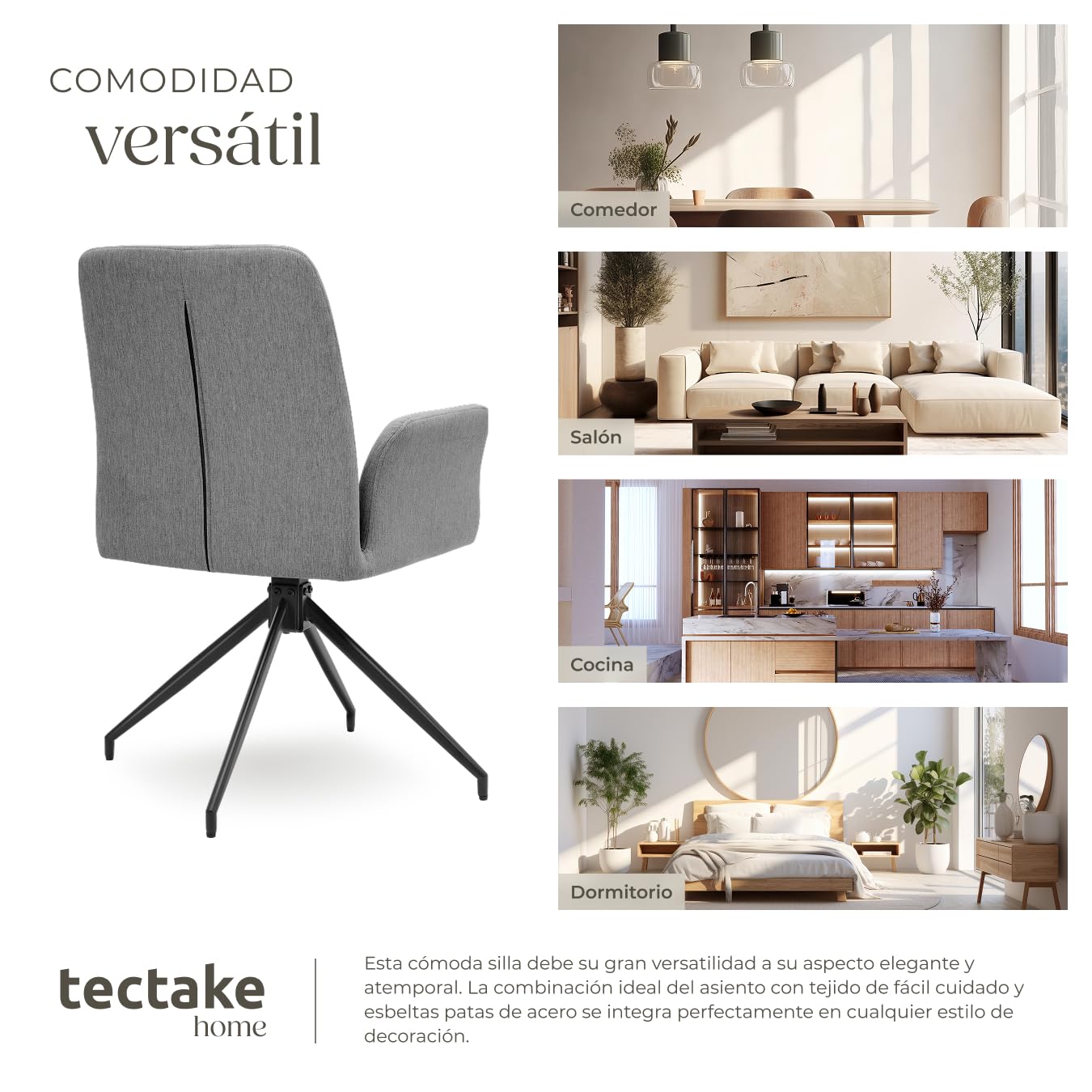 tectake® Silla Comedor Nordica Acolchada con Reposabrazos, Sillas Giratorias, Sillas Cocina Moderna, Silla Salon Comedor, Butaca Dormitorio, Muebles Salon Modernos, Rotación 360 ° - Set de 2 Antracita