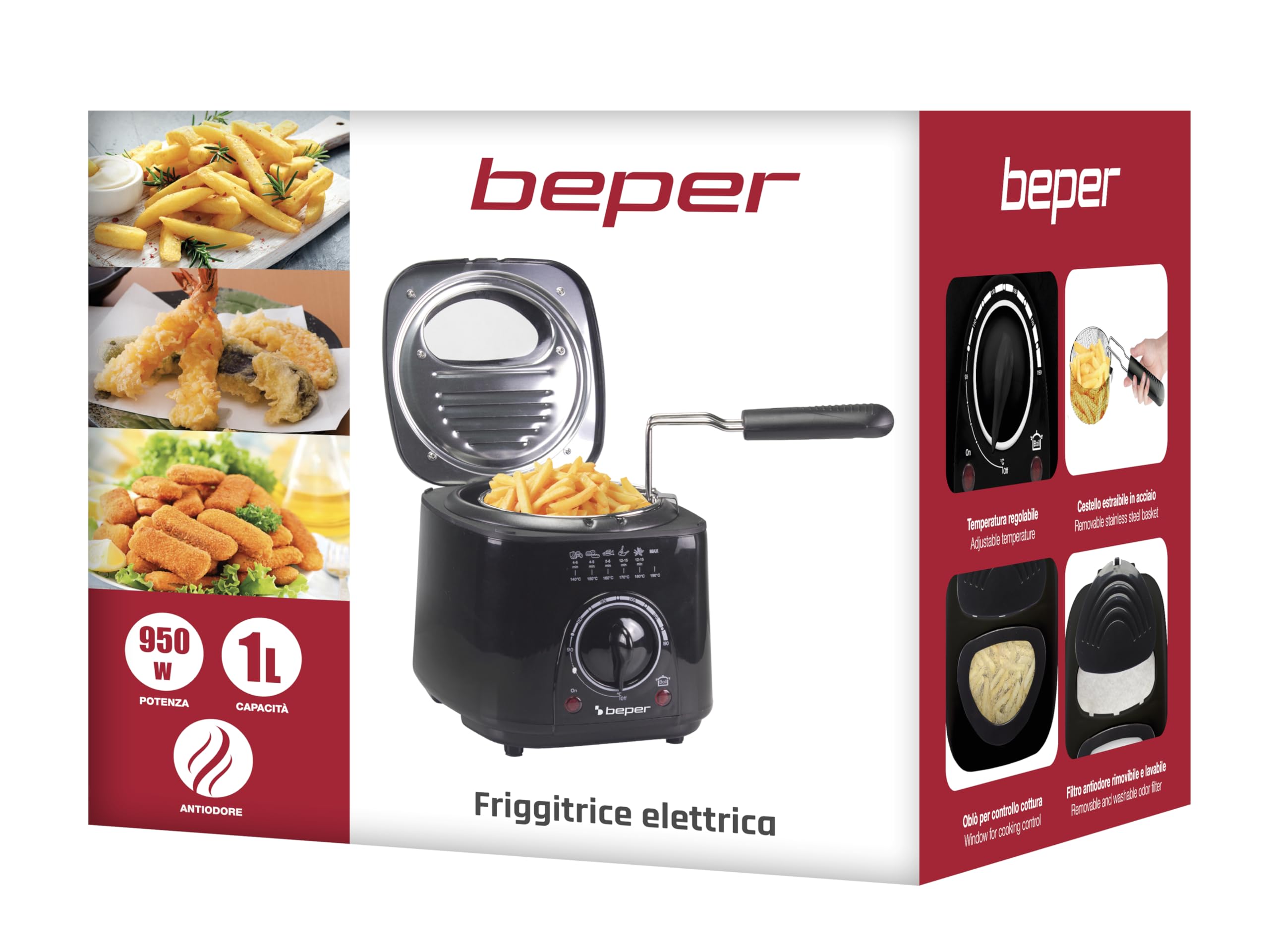 BEPER P101FRI100 MINI Freidora eléctrica 1L, 850-950W, Cesta de acero extraíble, Tapa con ojo de buey, Filtro lavable extraíble, Temperatura regulable, Pies antideslizantes, Negro