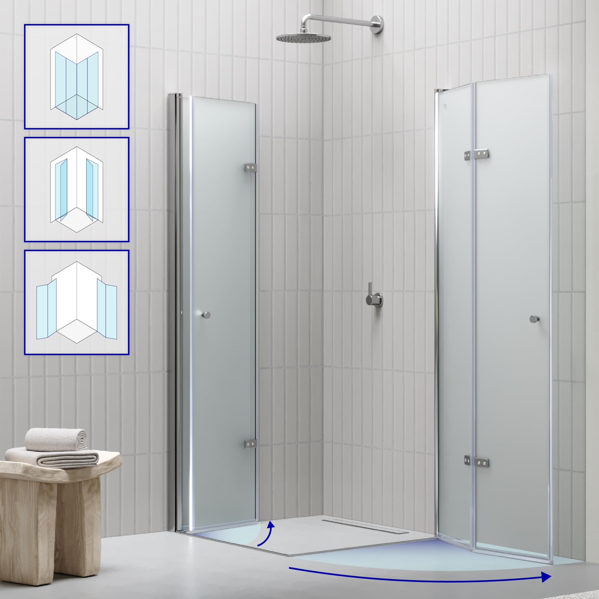 Mampara de Ducha Emma 90x90x190cm, NO REVERSIBLE, Puertas Plegables, Ajuste 88.5-90.5x88.5-90.5cm, Perfiles Cromo, Cristal Templado Satinado 6mm