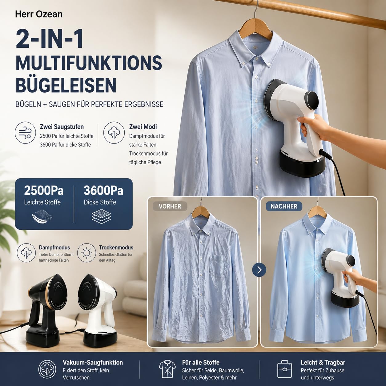 1500w Tragbarer Wassertank Steamer Dampfglätter400ml, 15s Schnellaufheizung Handdampfer, 2500–3600Pa, 4 Modi Für Kleidung Vertikales Und Horizontales Dämpfen Zuhause/Reise. (Weiß)