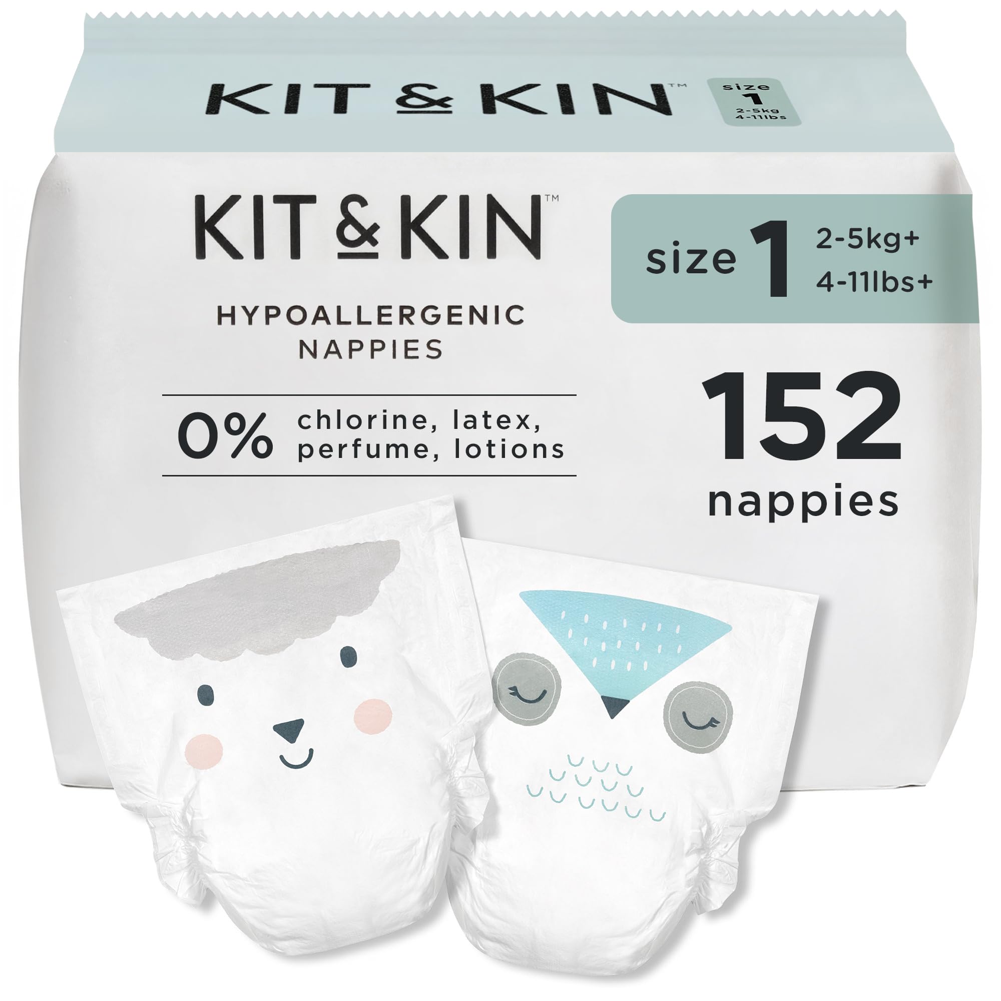 Kit & Kin Premium Baby Nappies Size 1 | Newborn 2-5 kgs / 4-11 lbs | Pack of 152 Nappies | Plant-Based Materials On Baby's Skin | Hypoallergenic | Superior Leak Protection