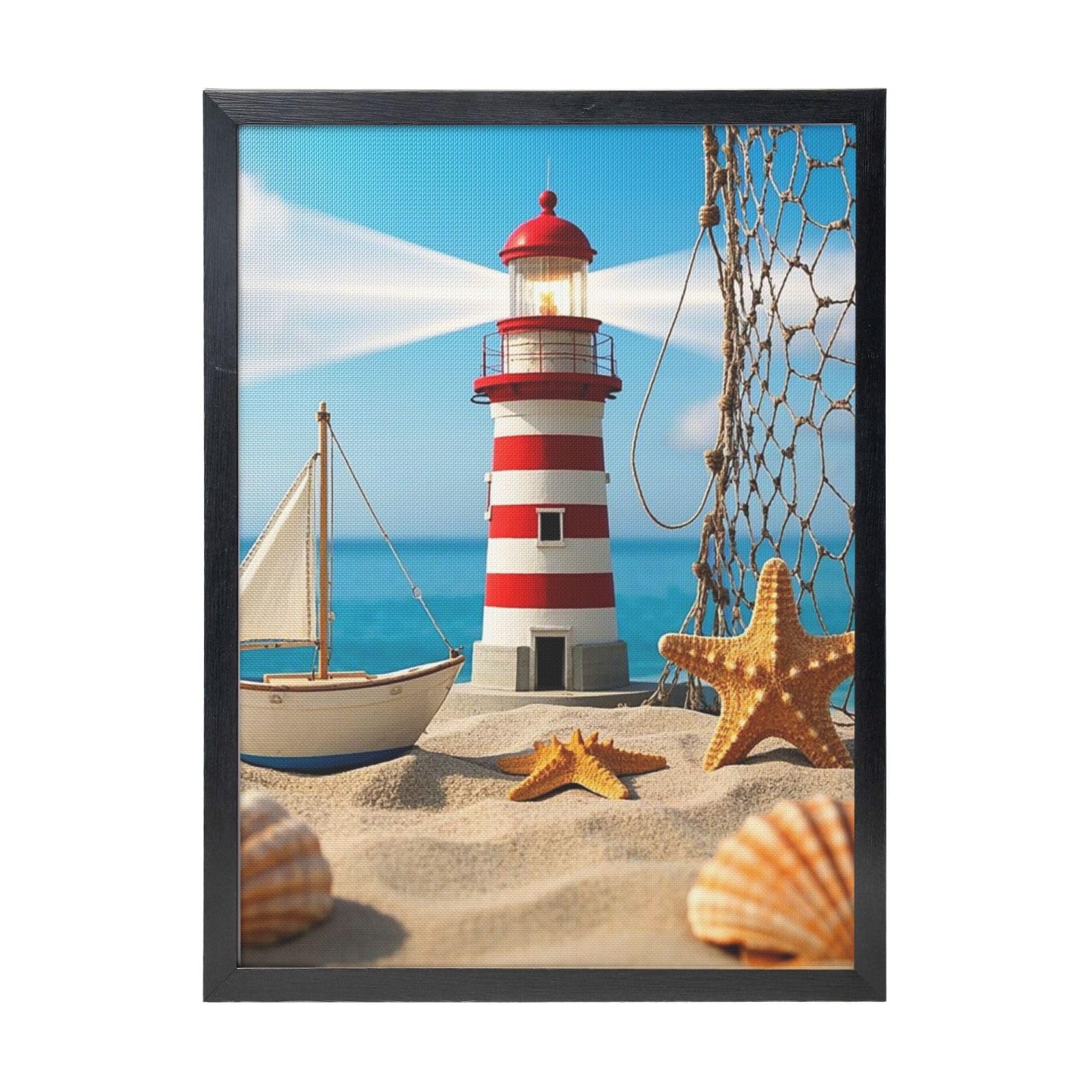 Framed Wall Art - Decorative Canvas Painting Nautical Shell Ocean Lighthouse Starfish Pictures Poster Aesthetic Modern Prints Artwork for Bedroom Office Wall Decor Ready To Hang 12x16 in