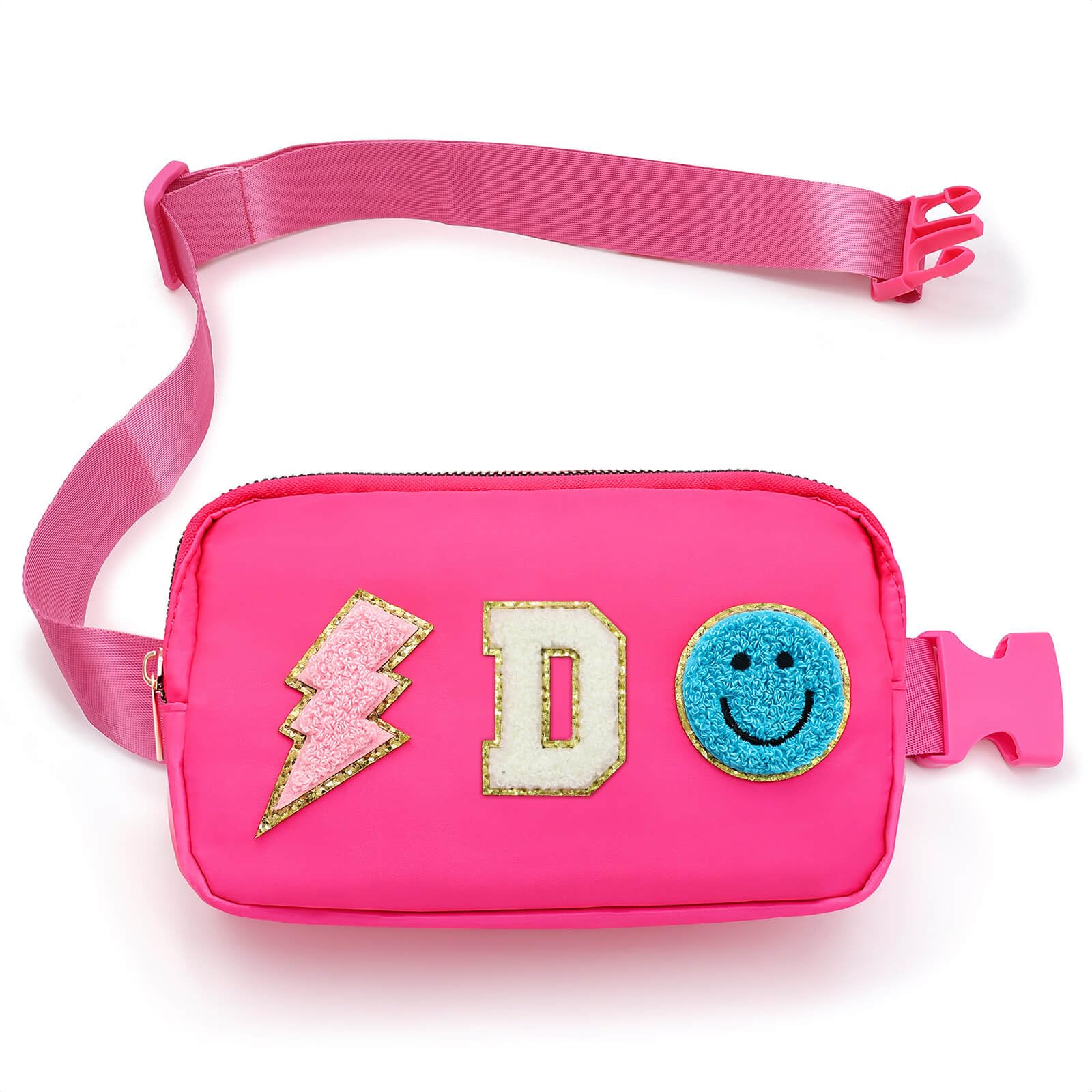 Fanny Pack for Girls Crossbody Bag, Preppy Nylon Kids Belt Bag for Birthday Christmas Graduation Personalized Gifts, Pink Chenille D Letter for Women