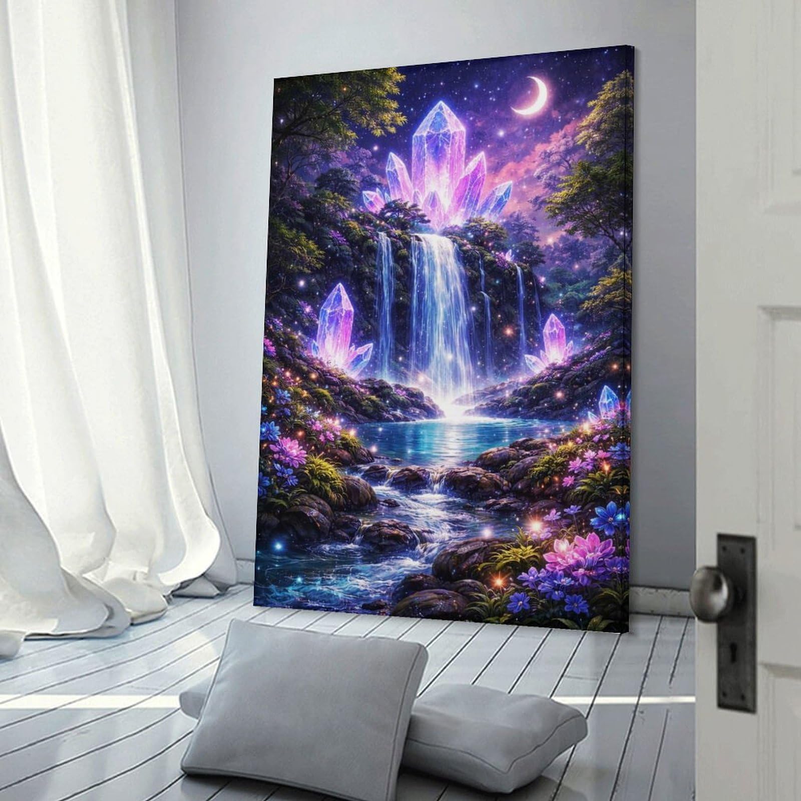 Junmoney Frame-Style-24 Enchanted Crystal Waterfall At Night Room Decor Wall Art 12X18inch(30X45cm), For Entrance Walls, Hall Decor Or Foyers, A Neat Decor Update For Hallways