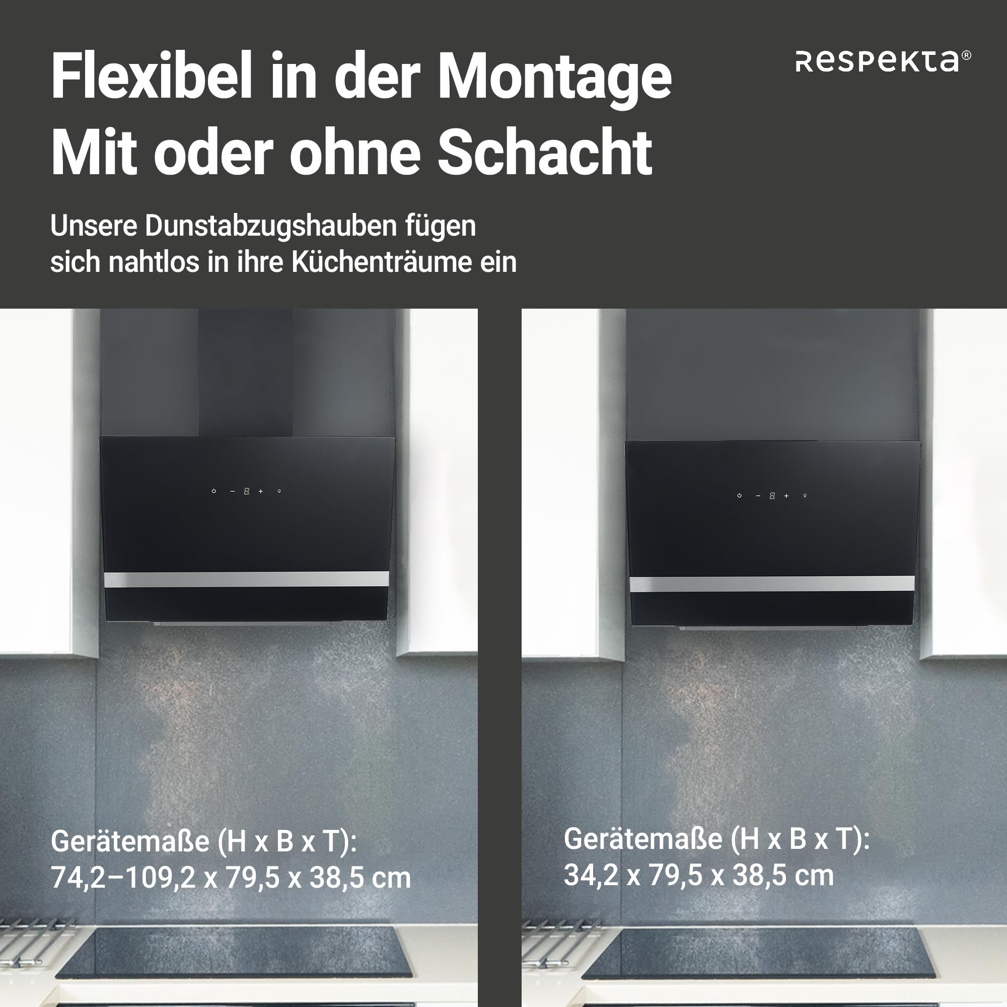 Respekta Dunstabzugshaube / Schräghaube 80 cm / Metallgehäuse mit Glasschirm in Schwarz / Abluft - und Umluftfunktion / CH24080SM / A / 65 – 70 dB