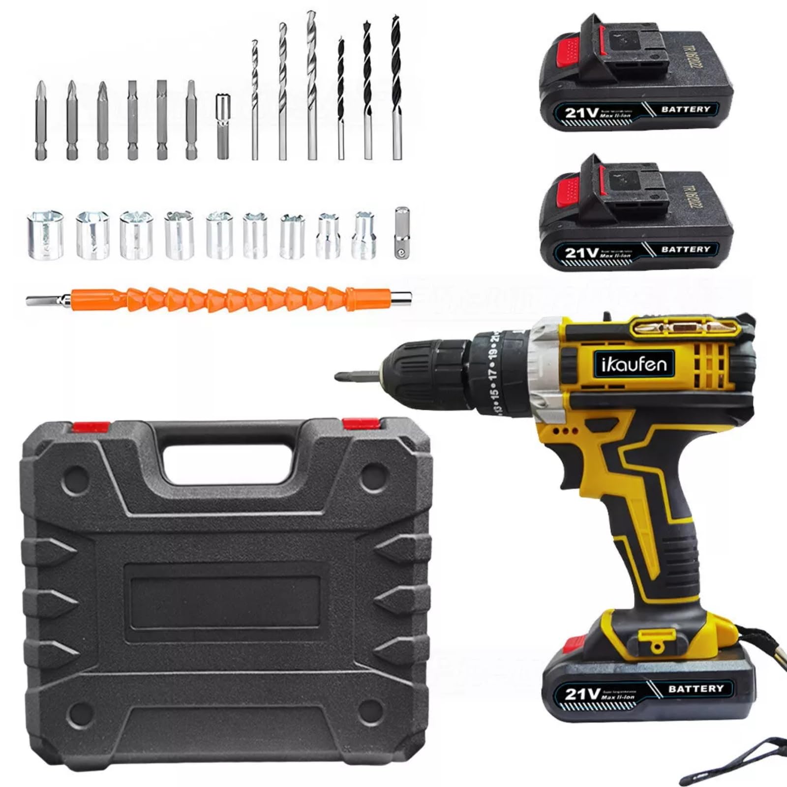 Sports Flyfree Yellow Cordless Drill, 21V Electric Hammer Drill Screwdriver Kit With 25+1 Torque, 2 Speed With 2 Batteries 2.0Ah, Combi For Home And Garden Diy Project (Yellow)