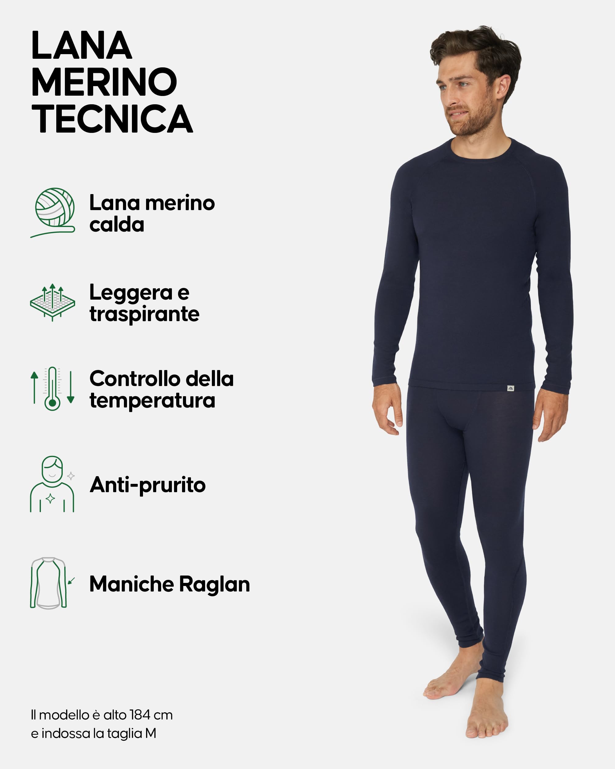 DANISH ENDURANCE Intimo Termico Uomo Lana Merino, Maglia Termica Uomo e Pantaloni Termici, Calzamaglia Termica Uomo Invernale per Sci, Trekking
