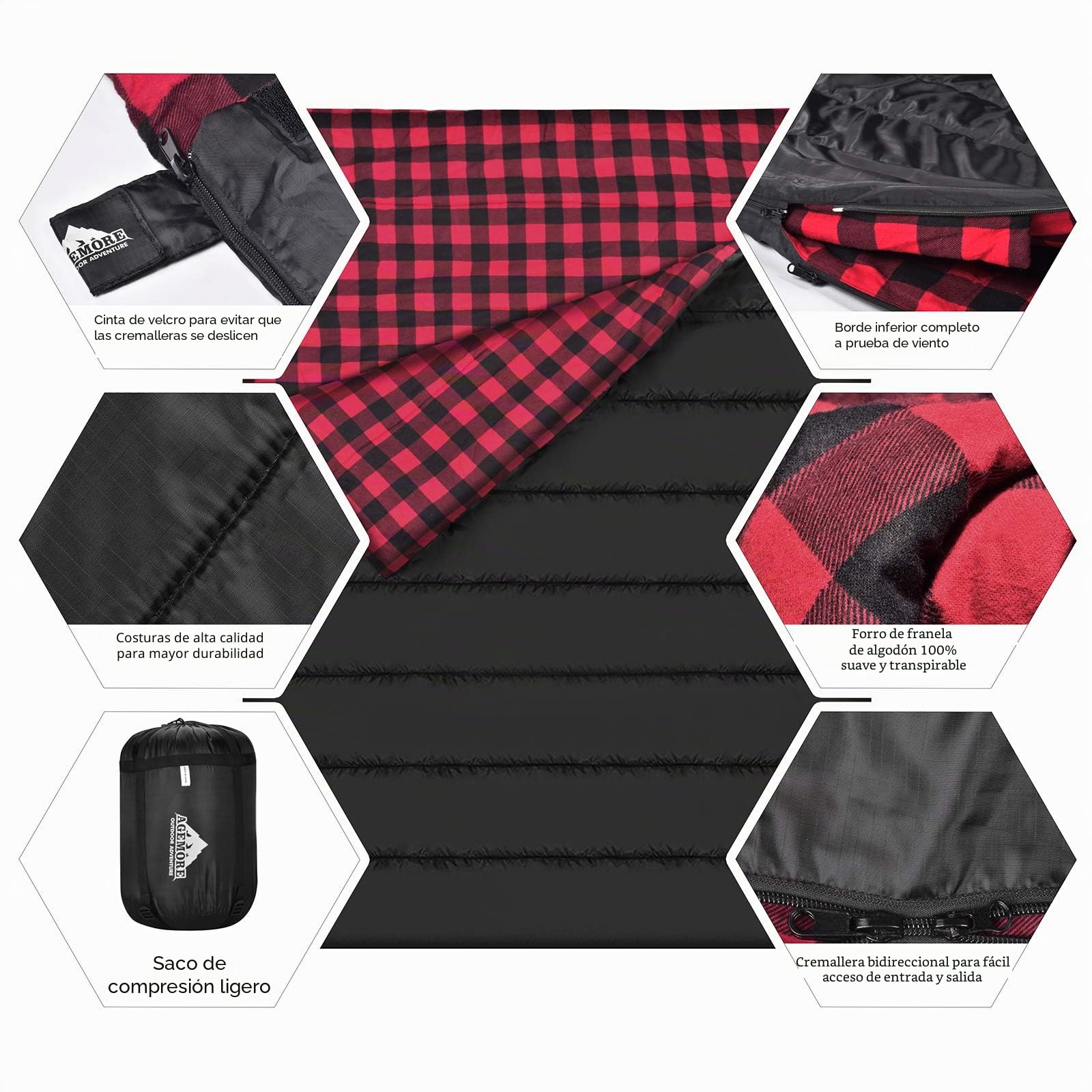Saco de Dormir Doble de Franela de algodón para Camping, Senderismo o Senderismo. Saco de Dormir Impermeable para 2 Personas, para Adultos o Adolescentes. Camión, Tienda de campaña o Saco de Dormir