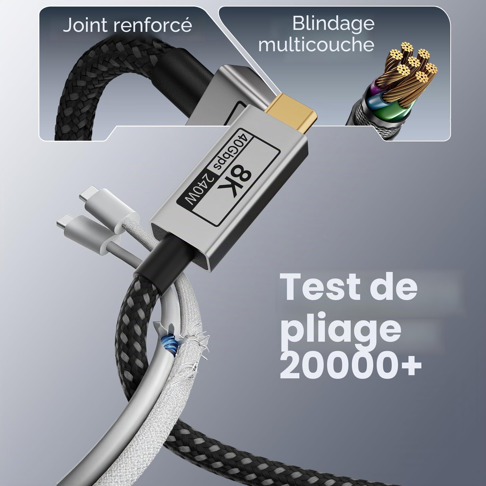 long 3 M Rallonge USBC Compatible Thunderbolt 5/4/3,USBC Extension 40Gbps Transfert de Données,Rallonge Type C Mâle-Femelle 240W Charge Rapide,8K@120Hz Pour Moniteur,SSD,Docking.