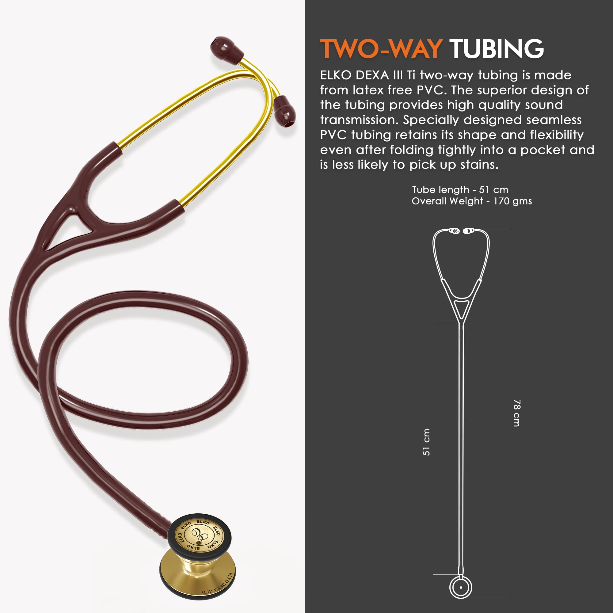ELKO EL-250 DEXA III Ti Golden Edition Titanium dual head acoustic stethoscope | Adult & Pediatric Stethoscope with Double-sided Natural Titanium Chestpiece | Two-Way PVC Tubing | Doctors & Medical Students (Brown) - Image 4 thumbnail