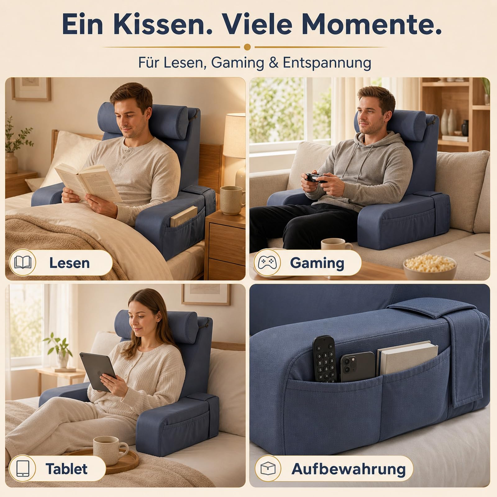Lesekissen für Bett und Sofa, Ergonomisches Rückenkissen mit kühlendem Eisseide-Bezug, Memoryschaum, Verstellbarer Rückenstütze und abnehmbaren Armlehnen, großes Keilkissen zum Lesen 50cm