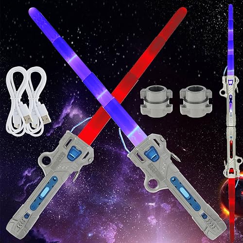 Paquete de 2 sables de luz, 2 en 1, retráctiles, 7 colores intercambiables, sables de luz LED con sonido, espadas de luz LED expandibles, oscilación