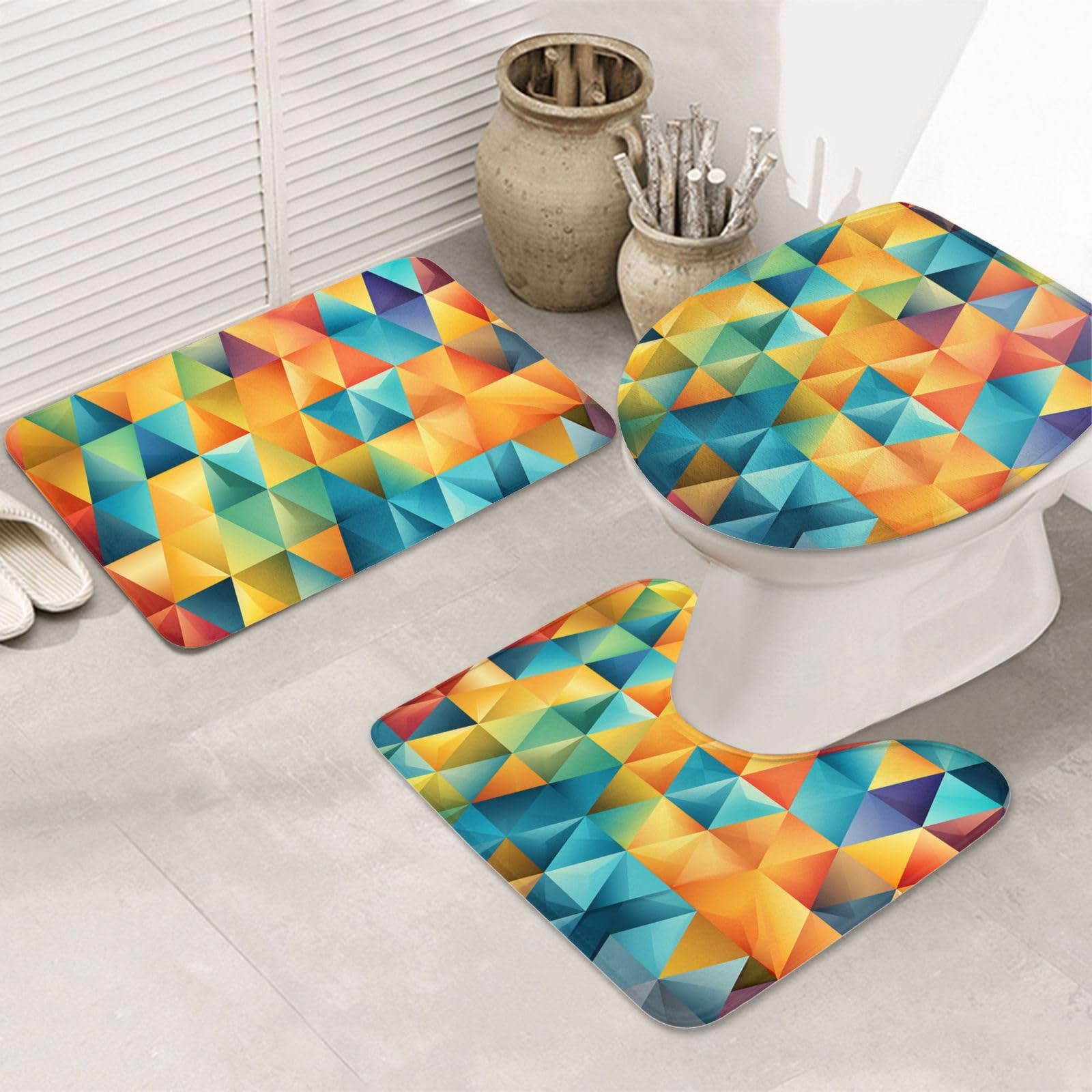 Set di 3 tappetini da bagno colorati triangolari in flanella morbida antiscivolo con coperchio per la decorazione della casa