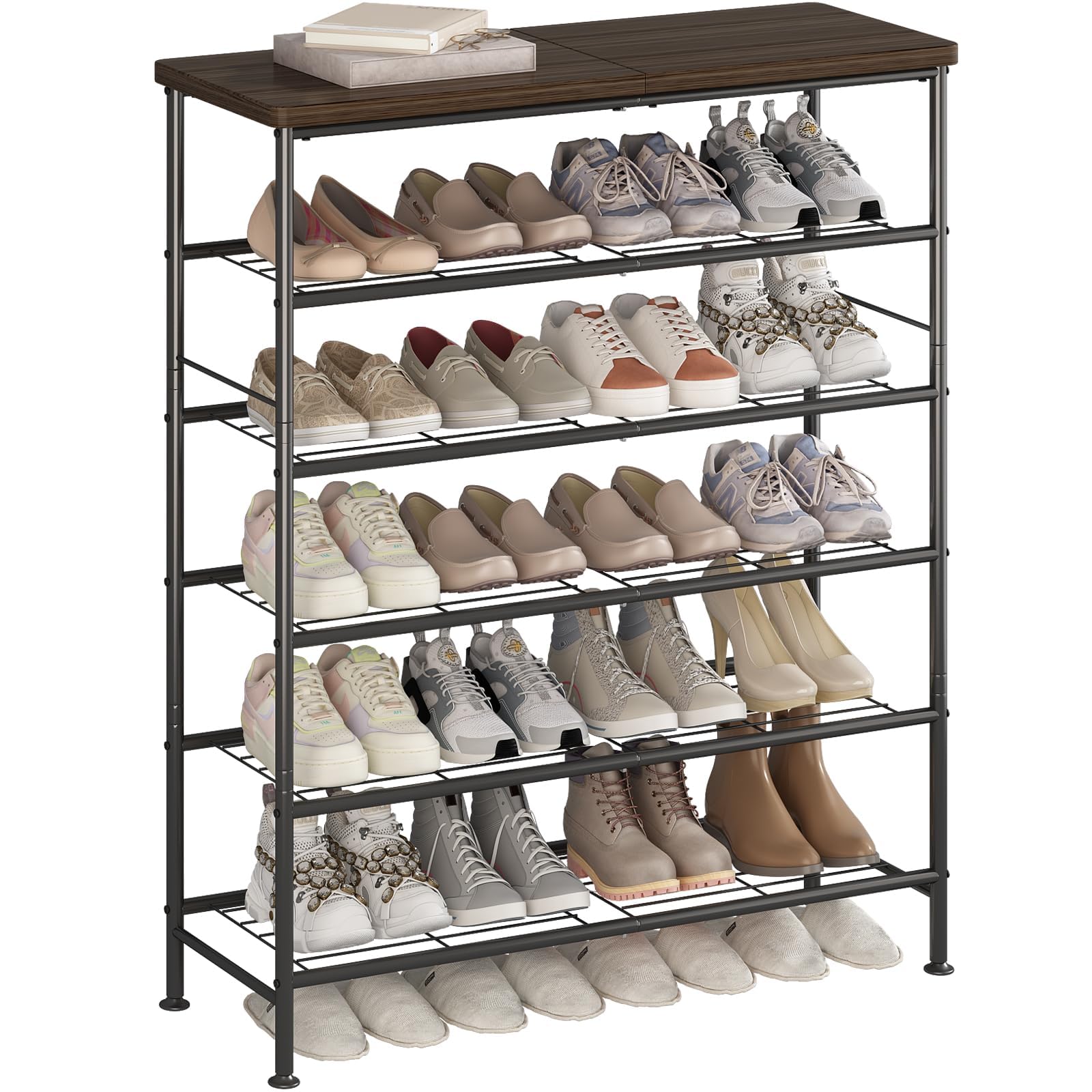 Dazioter Shoe Rack Organizer 6 Tier for Closet Entryway Free Standing Metal Storage Shoe Shelf with MDF Top Board (Black+rustic Brown, 6 Tier)