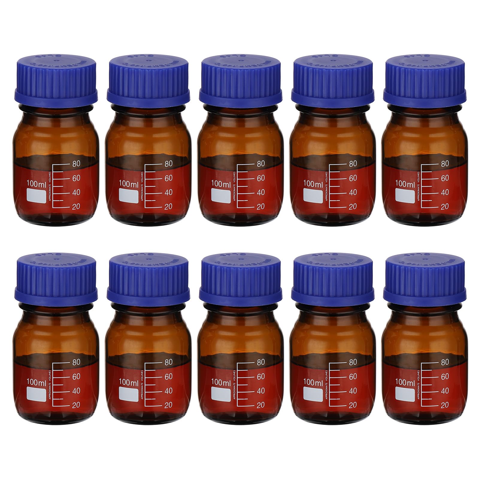 PATIKIL Confezione da 10 bottiglie rotonde graduate in vetro borosilicato da 100 ml, con tappo a vite GL32 blu, per liquidi reagenti d'acqua di laboratorio, ambra