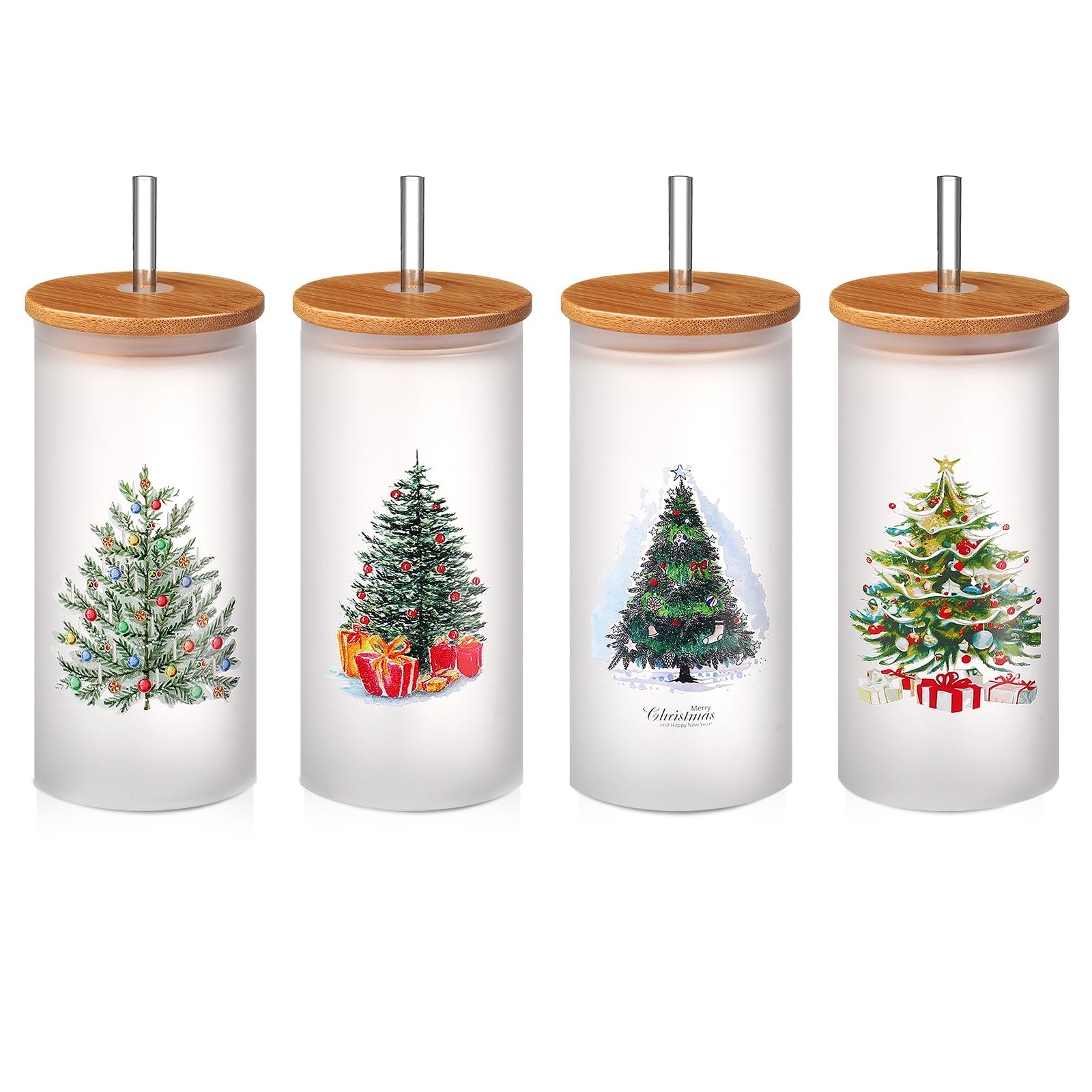 Photo 1 of 4 Pieces Christmas Glass Cups Set 16 oz Glass Cups with Lids Straws Beer Can Rustic Christmas Holiday Styles Mugs Iced Coffee Glasses Christmas Gift (Christmas Tree)