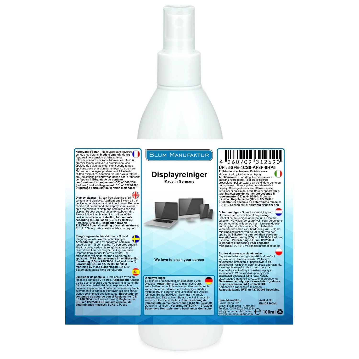 Blum Manufaktur 100ml Pulitore per schermo piatto + panno microfibra 30x30 cm - Pulizia perfetta di tutti gli schermi e display. Senza striature e senza strisce.